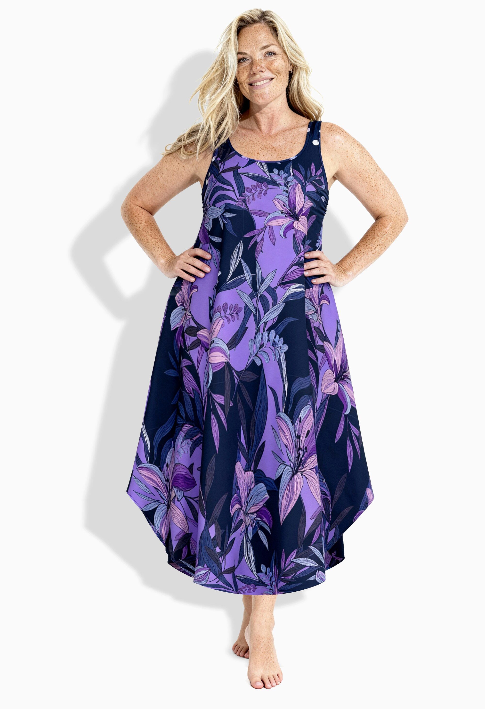 Ulla Popken Maxikleid Midikleid Lilienmuster A-Linie Rundhals ärmellos günstig online kaufen
