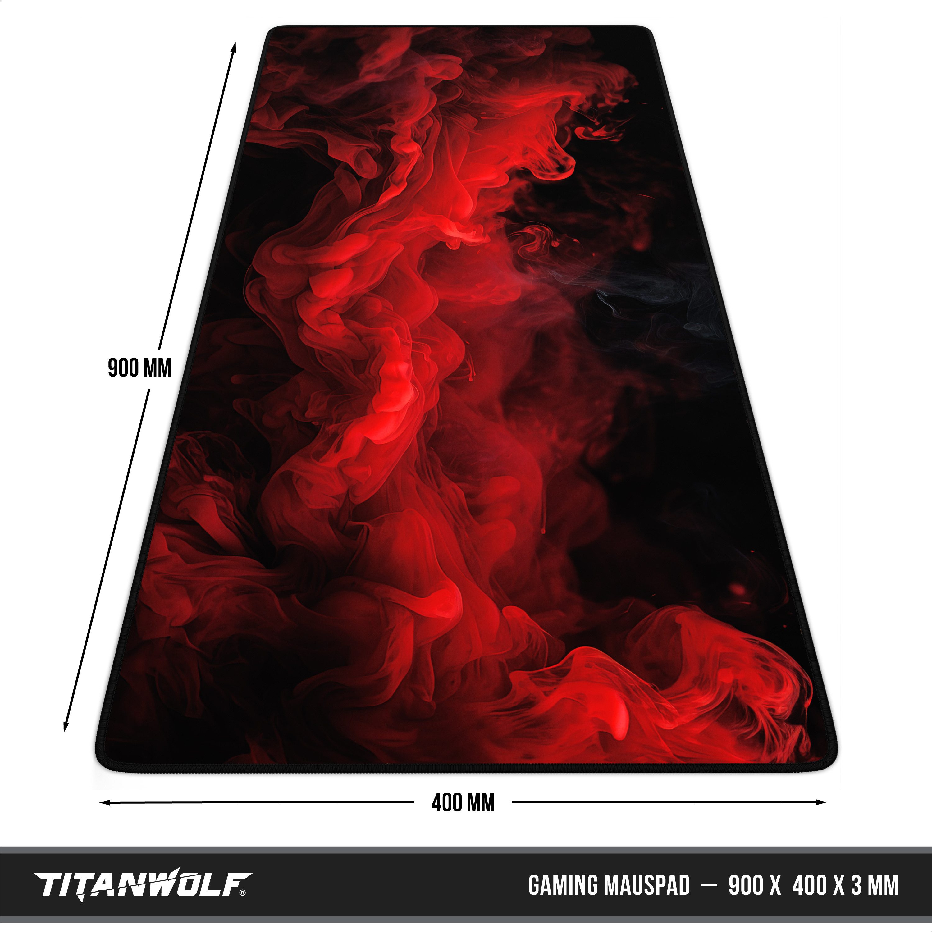 Titanwolf Gaming Mauspad XXL Speed Mousepad 900 x 400 x 3 mm, Schreibtischauflage, abwaschbar, rutschfeste Rückseite, Geschwindigkeit & Präzision, Red Smoke