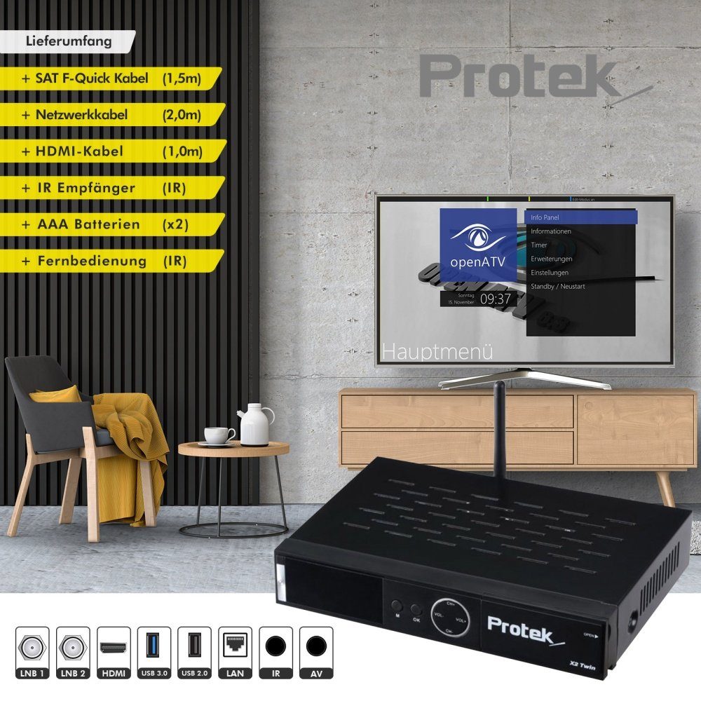 Netzwerkkabel inkl. 4K Protek Koax- & Satellitenreceiver X2 Twin-Sat-Receiver