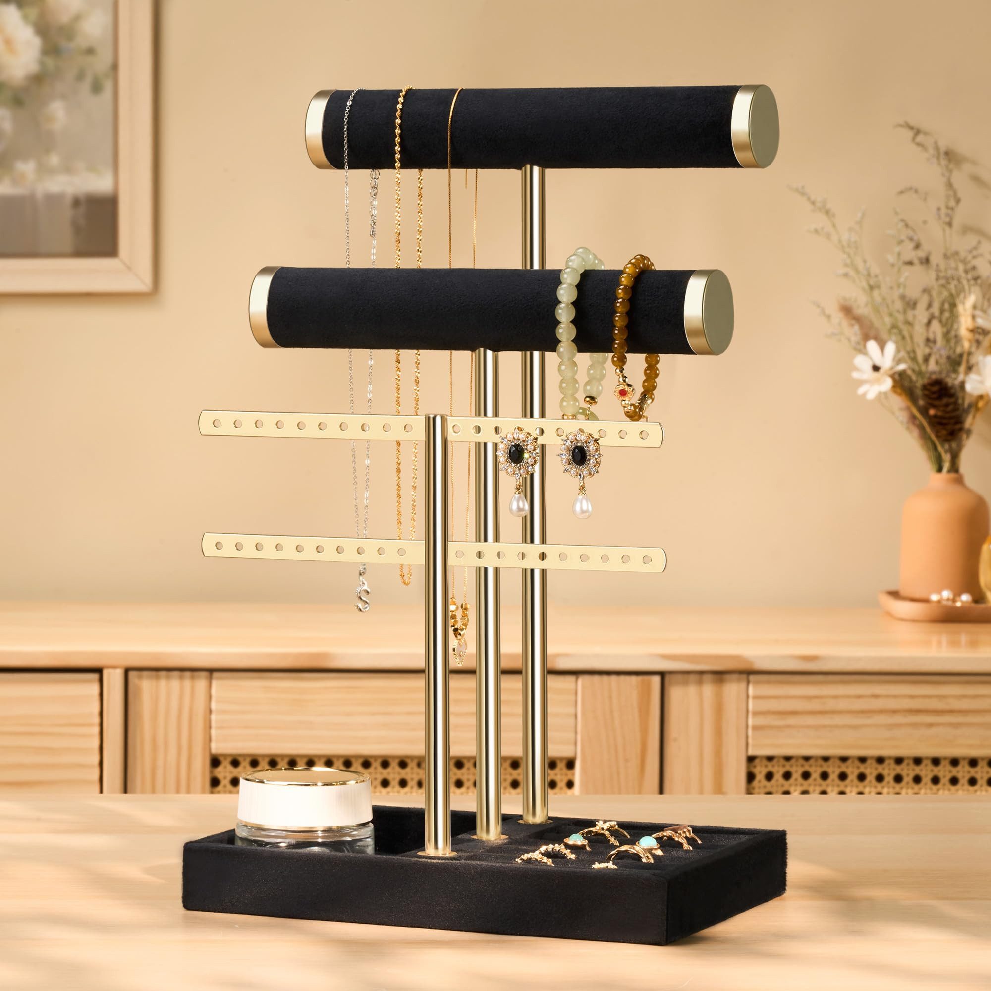 SURFOU Schmuckständer Schmuck Organizer mit 3 Ebenen – Samt-Armbandständer mit T-Steg (5-in-1 Schmuckpräsentation mit Samtstangen, Ringablage & Fach – Ideal für Armbänder, Halsketten & Uhren, 1 St)