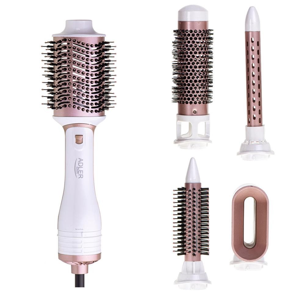 ADLER EUROPE Multihaarstyler AD 2027 Haarstyling Set 5 in 1, Warmluftbürste, Keramikbeschichtung, Rundbürsten, Lockenstab, Haartrockner-Aufsatz, Perlweiß/Roségold