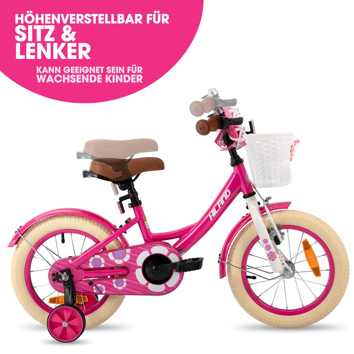 HILAND Kinderfahrrad Petal 12/14/16 Zoll Mädchenfahrrad, Kinderfahrrad für Mädchen, mit Korb und Stützrädern, Kotflügel, Hilfsrad, Fahrradklingel