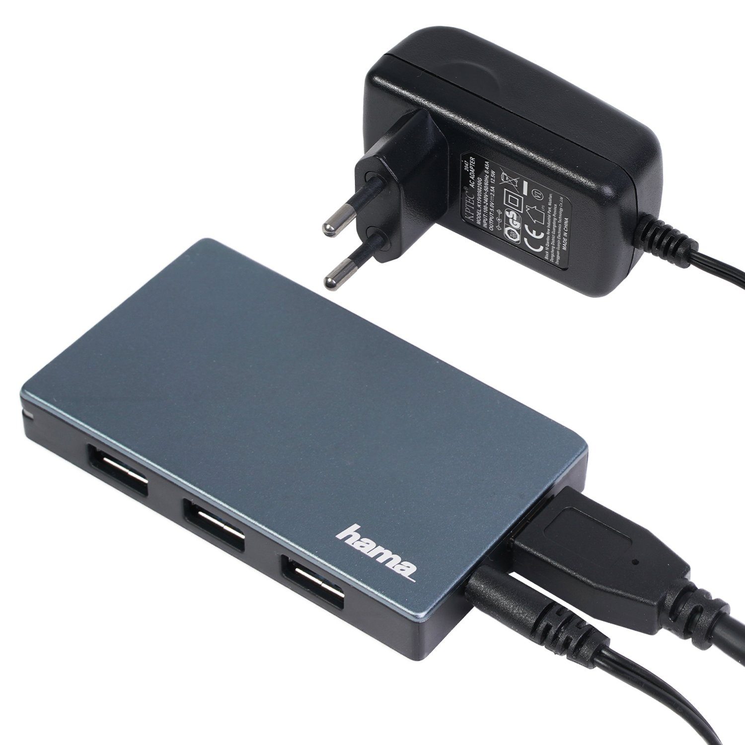 Hama 4-Port USB 3.0 Aktiv USB-Hub mit Netzteil Grau USB-Adapter USB-A zu USB-A, USB-3.0-Verteiler 1 zu 4 Ports Schnelllade-Funktion, Abwärtskompatibel