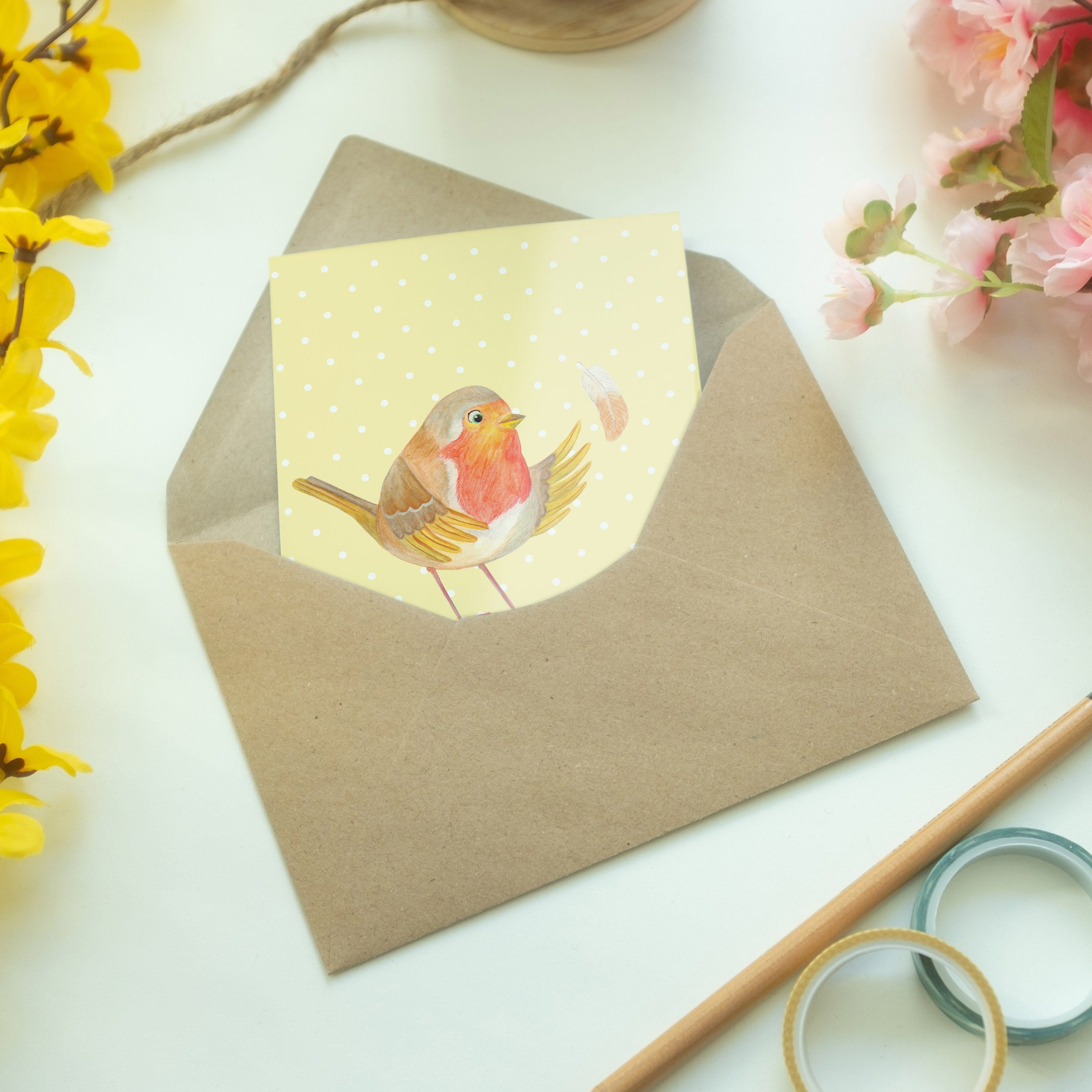 Mrs. Grußkarte - Pastell Panda Federn Tiermotive, Gelb Rotkehlchen mit Geschenk, Mr. - Einladu &