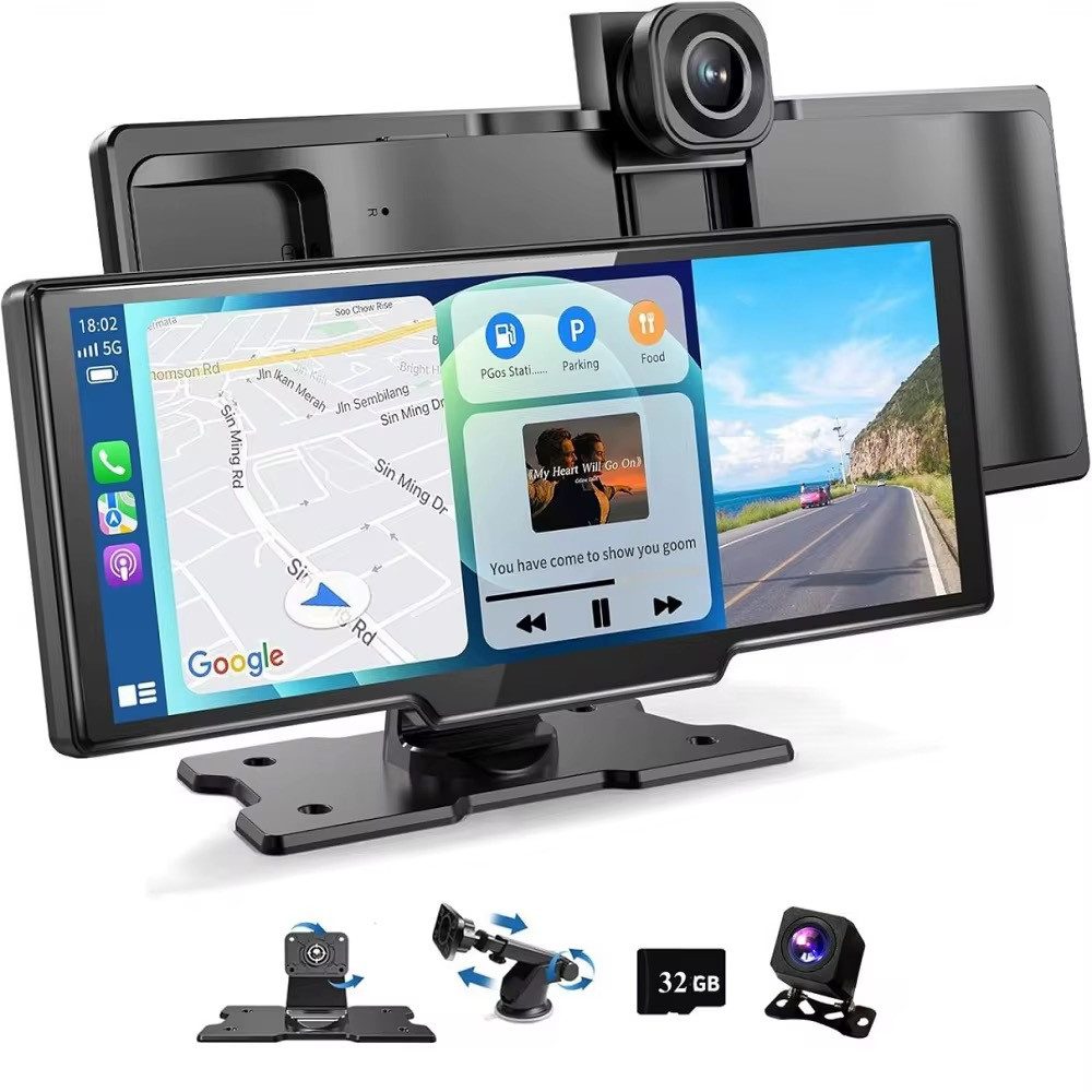 Goldstern-Tech DriveVision 7102P Dashcam (4K Ultra HD (Front), Full HD (Rück), WLAN (Wi-Fi), 0,26" Car-Multimedia-Display mit Dual-Dashcam, GPS, Sprachsteuerung, Rückfahrkamera & Wireless CarPlay/Android Auto)