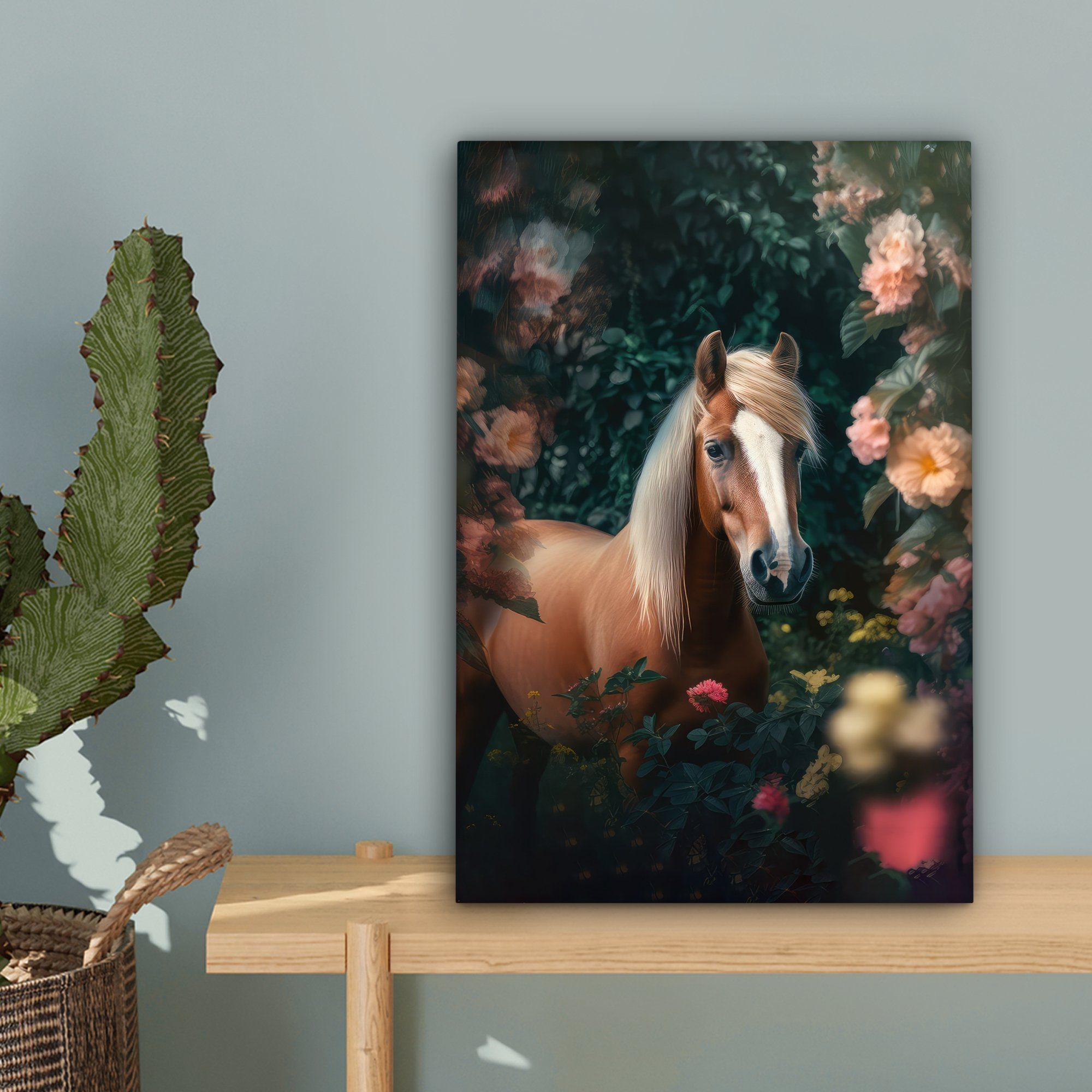 Leinwandbild - - - Gemälde, Natur St), 20x30 bespannt (1 - Pferd cm fertig Wald Blumen inkl. Tiere, Leinwandbild Zackenaufhänger, OneMillionCanvasses®