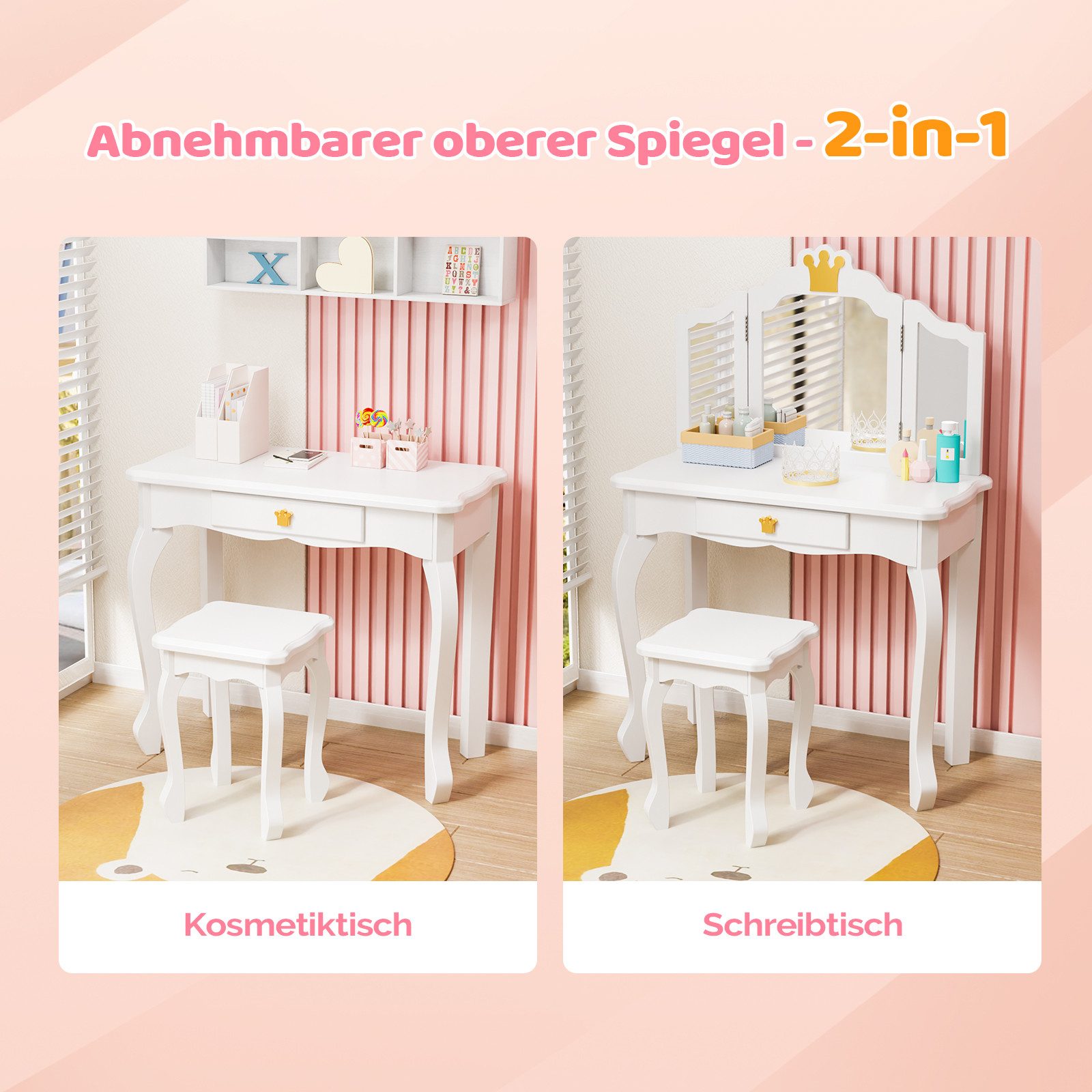 VINGLI Schminktisch mit Hocker und Abnehmbarer Spiegel, für Mädchen ab 3 Ja günstig online kaufen