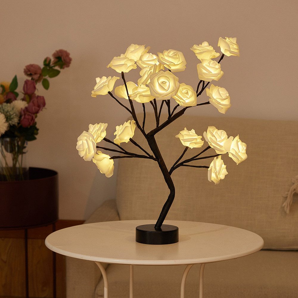 MUPOO LED Baum Rosenblütenbaum Licht für Tischplatte, LED-Tisch-Bonsai-Baum Lichtdekor, Weiße Rose, schwarze Basis, LED fest integriert, für Valentinstag,Zuhause,Hochzeit