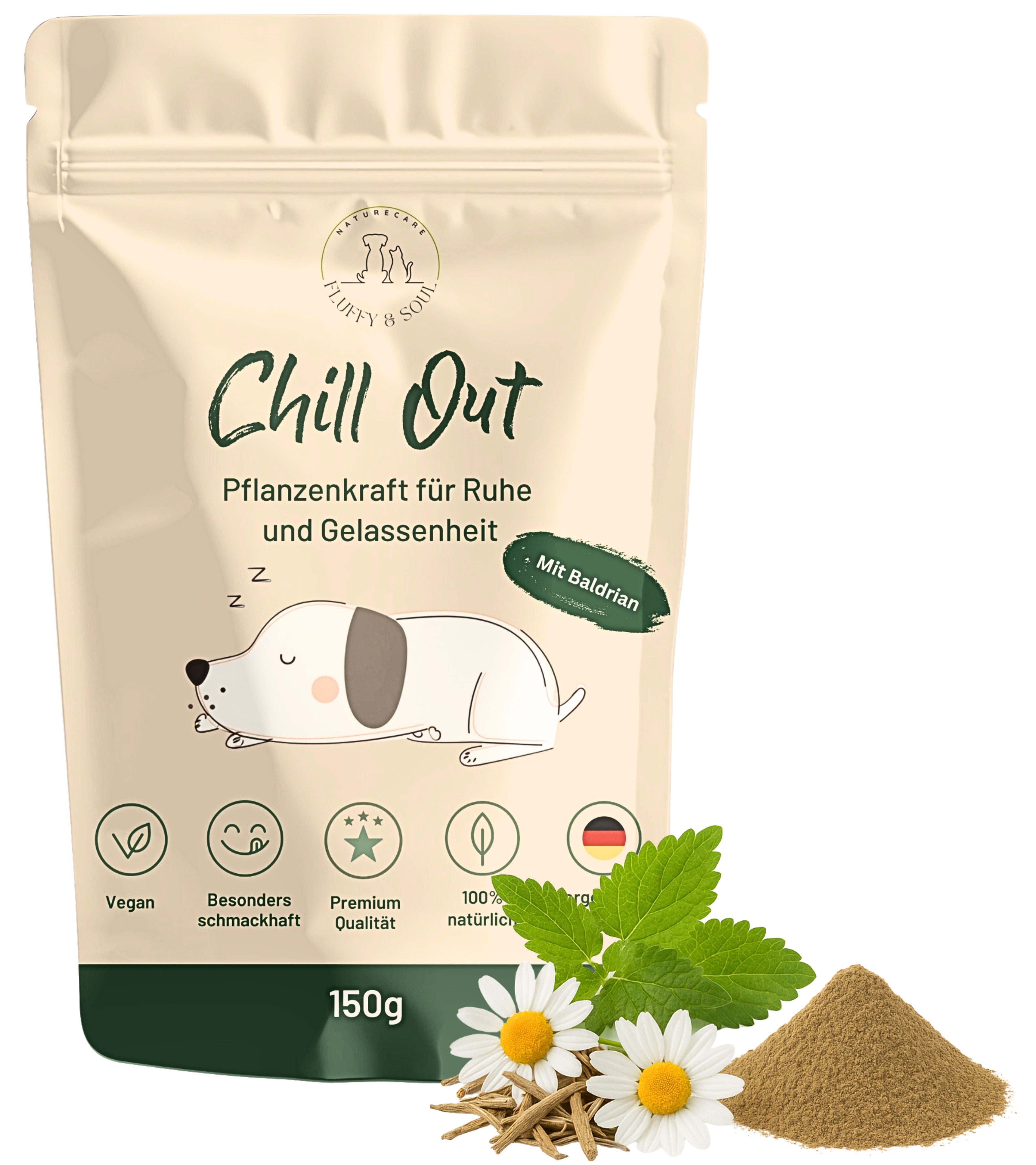 Fluffy & Soul Tierpräparate Nahrungsergänzungsmittel Hund Beruhigung Anti Stress 100% pflanzlich, Beruhigungsmittel bei Stress, Autofahrt, Silvester Hundeleckerli 150g