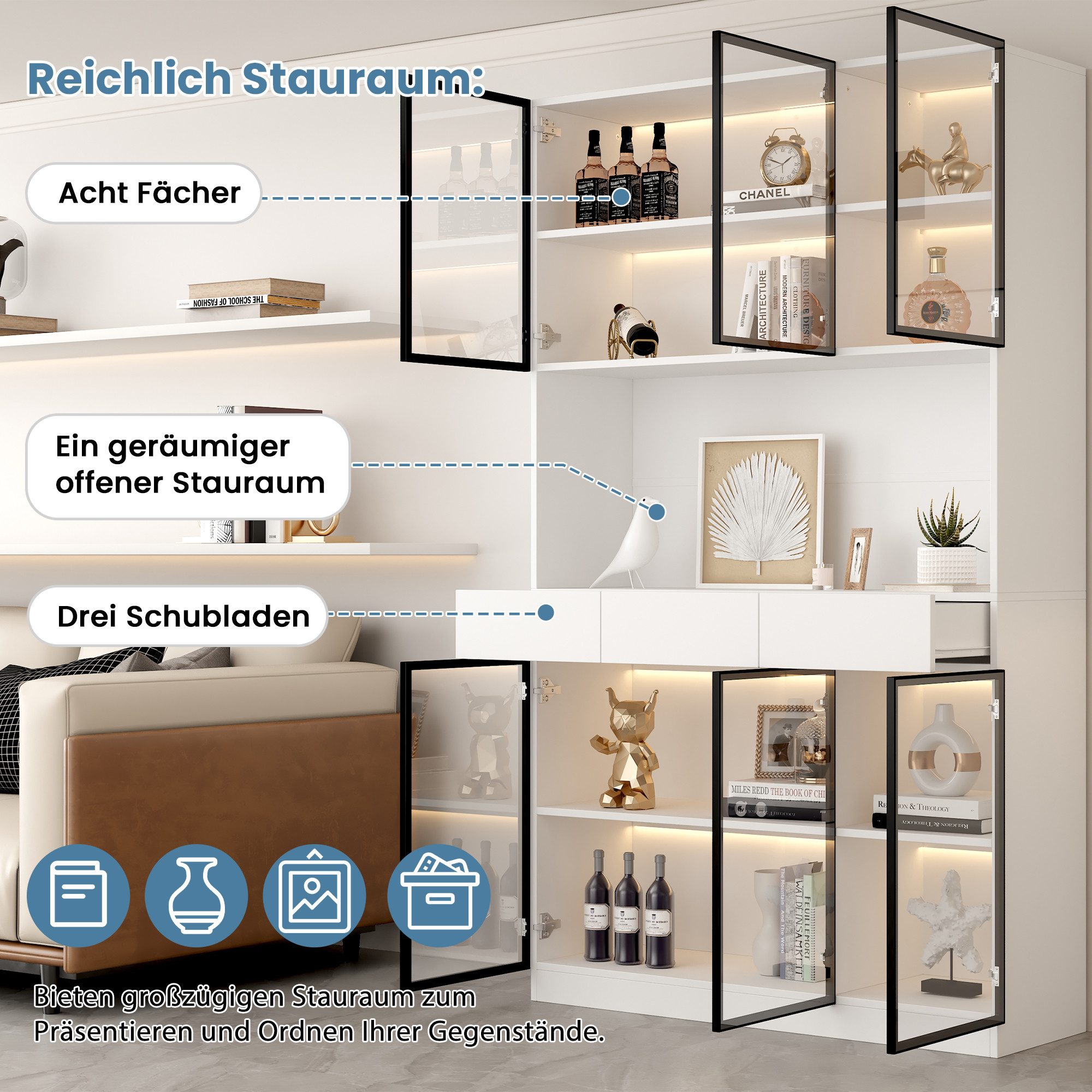 Flieks Glasvitrine Hochschrank mit LED-Beleuchtung, 6 Glastüren und 3 Schubladen (1-St., 120x36x200 cm) Multifunktionsschrank Vitrinenschrank Bücherregal Wohnzimmer Weiß