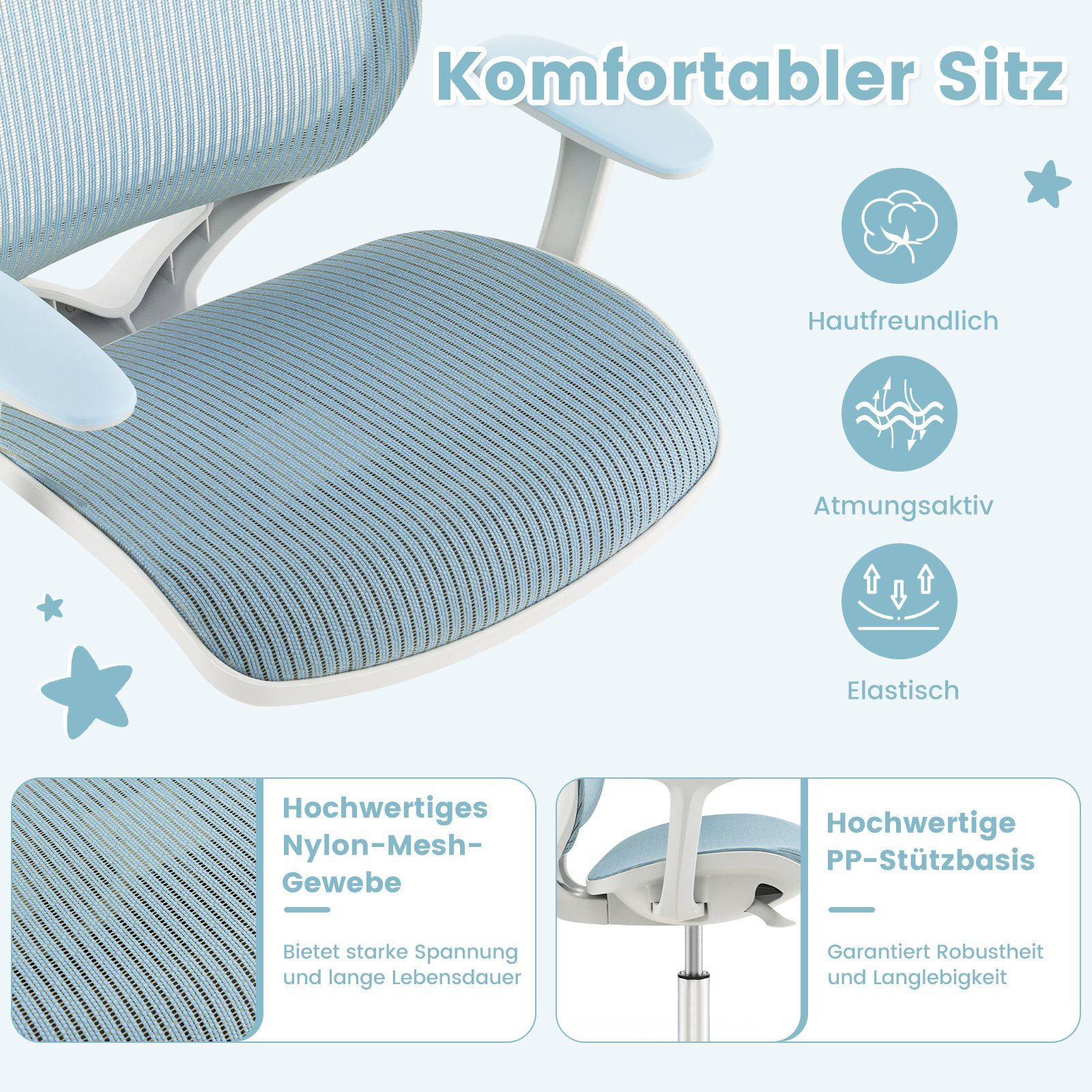 COSTWAY Drehstuhl Kinderstuhl, 43-55cm höhenverstellbar, mit Rollen 360° drehbar