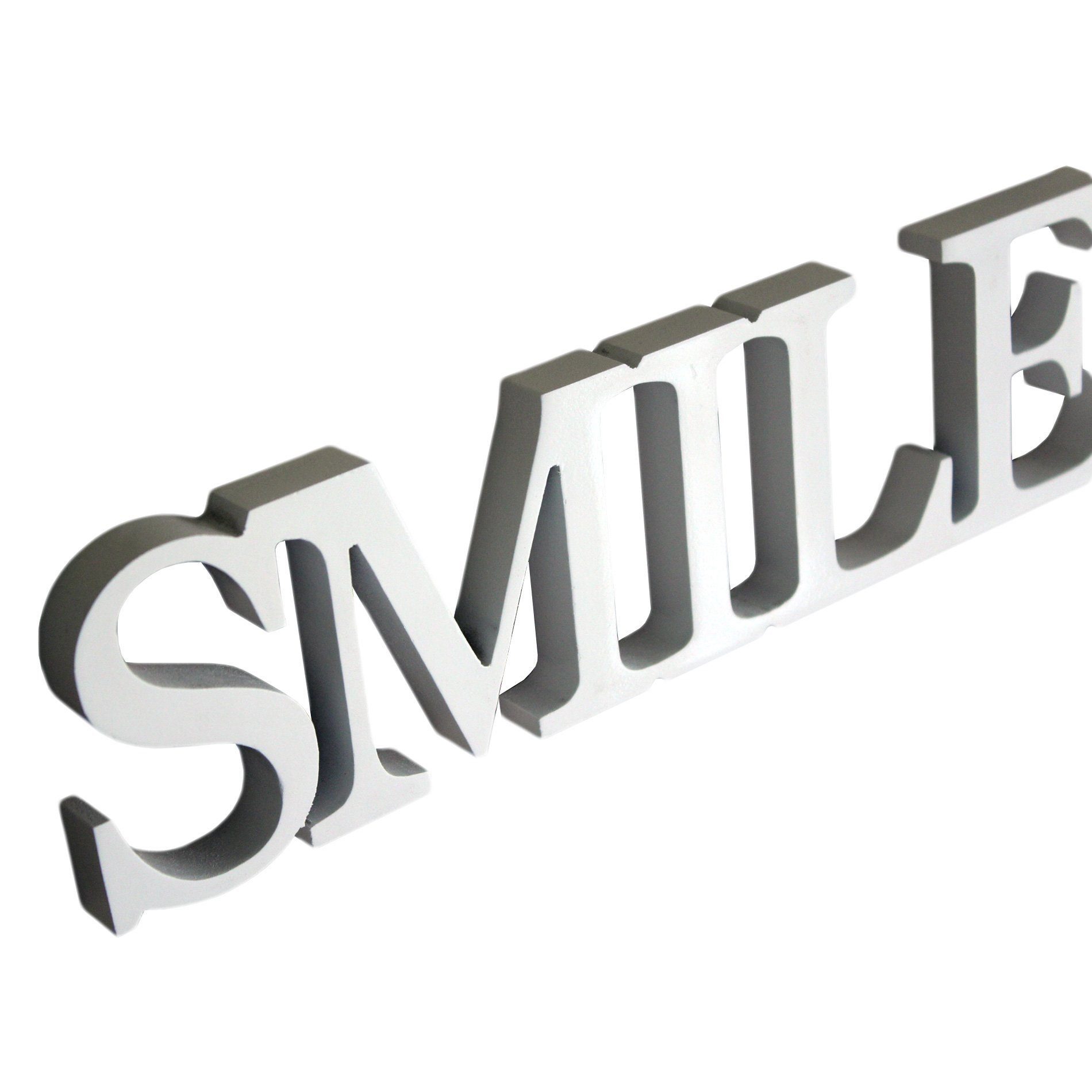 Melko Wanddekoobjekt Holzschrift Dekoschild SMILE Schriftzug Weiß Holz Aufhängen Wanddeko (Stück, 1 St), Inkl. Wandbefestigungsaufkelebern