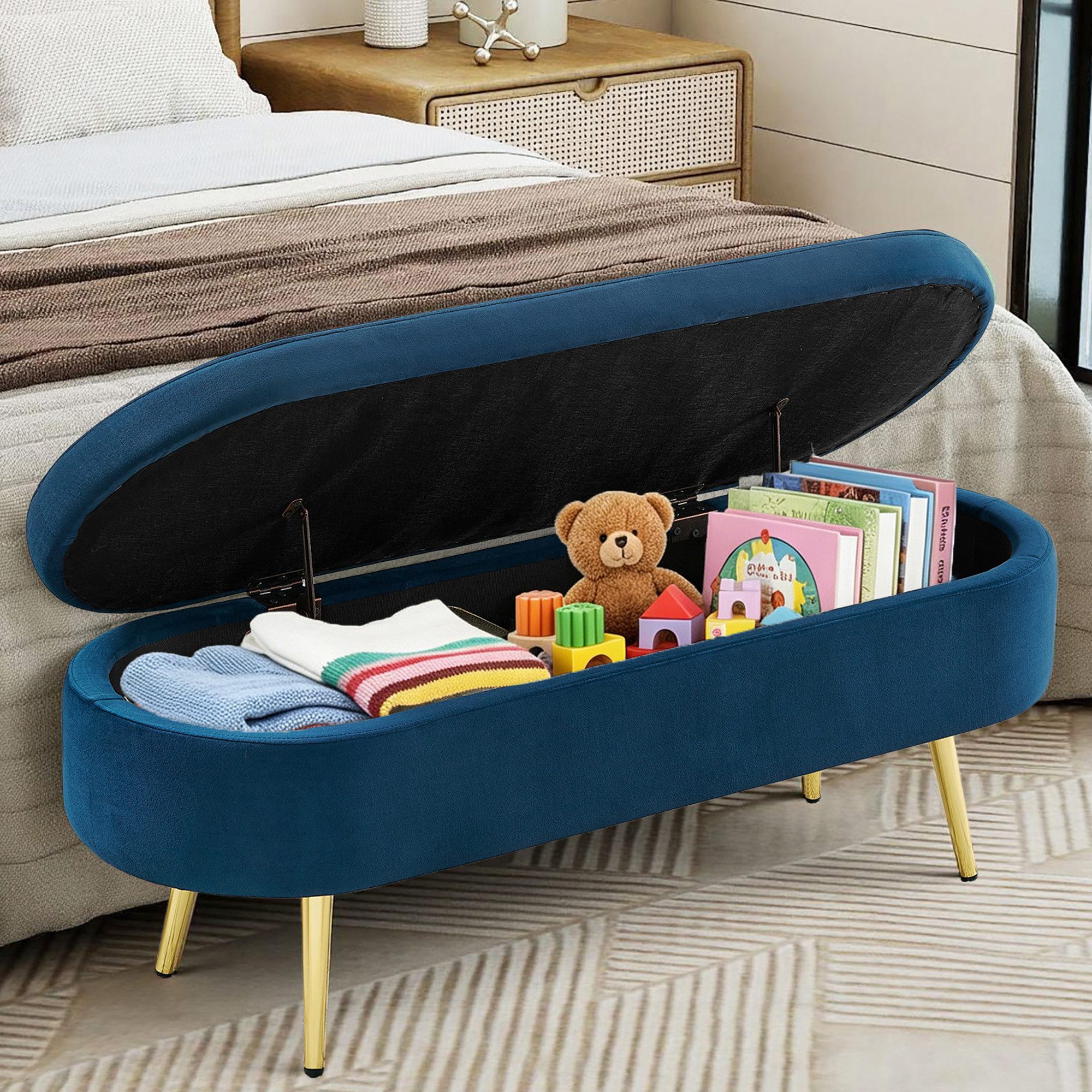 HAUSS SPOLE Sitzbank mit Samt-Stoff,Schuhbank Flurbank mit 20L Stauraum und Holzbeine,Blau (Polsterbank Aufbewahrungsbank mit Stauraum und hydraulischem Klappdeckel), 110x40x42cm,Massivholzrahmen für Schlafzimmer, Wohnzimmer