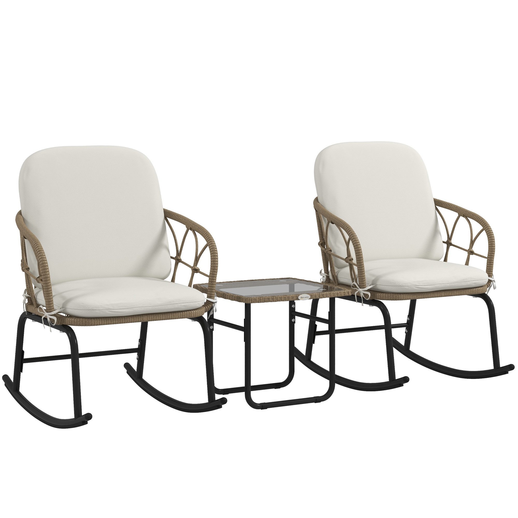 Outsunny Sitzgruppe Rattan Schaukelstuhl-Set, Gartenmöbel-Set mit 2 Стульяn, 1 Couchtisch, (Gartensitzgruppe, 3-tlg., Gartengarnitur), mit Kissen, für Balkon, Terrasse, Creme