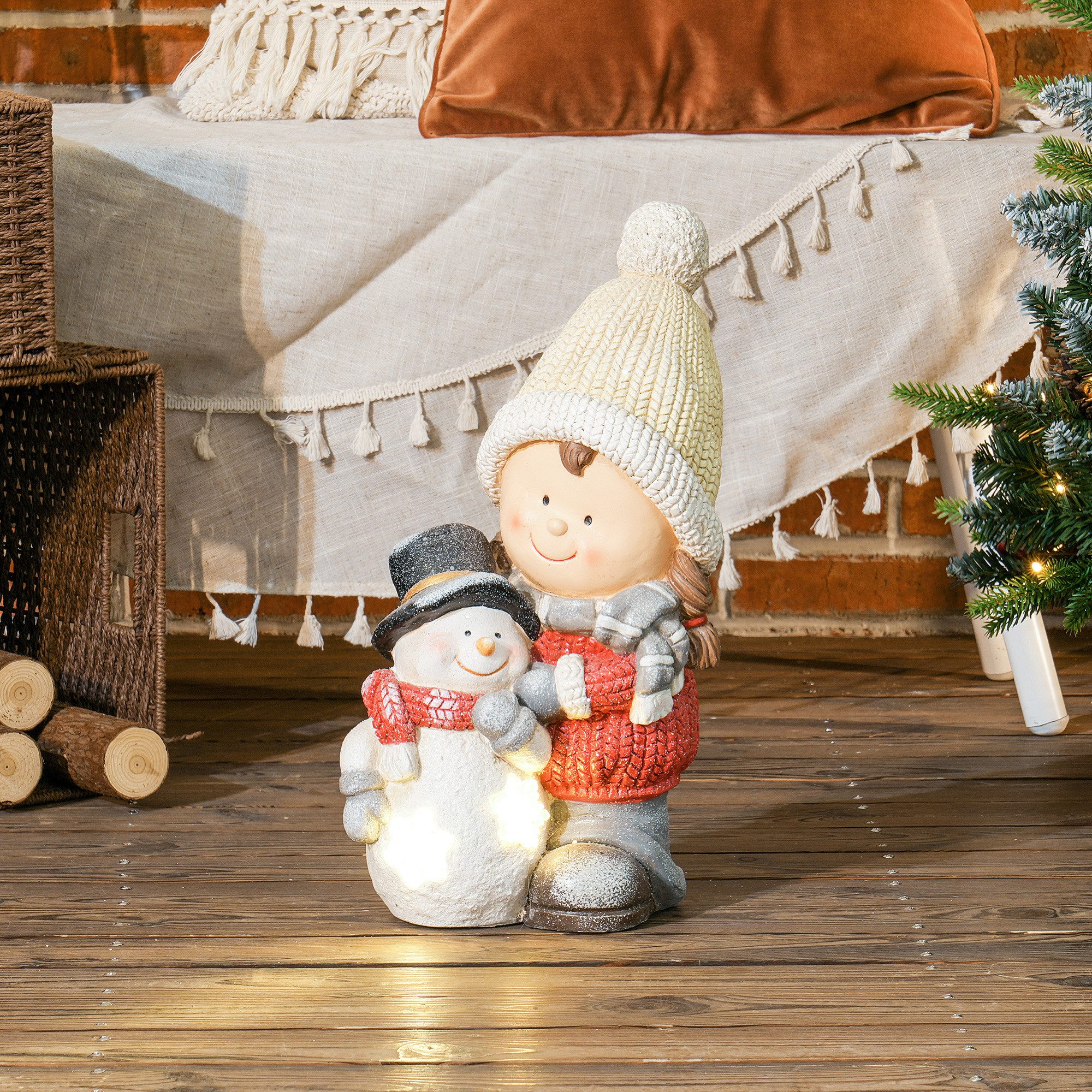 HOMCOM Weihnachtsfigur Wichtel mit Schneemann 45,5 cm Dekofigur Fensterbank (LED-Weihnachtszwergstatue, 1 St., Weihnachtsdeko), Weihnachten, für In- und Outdoor
