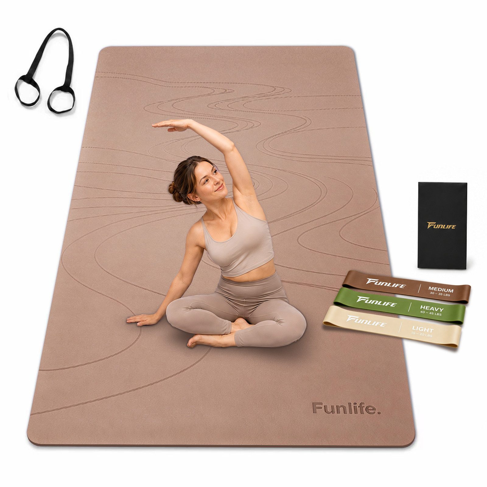 FunLife Yogamatte EXTRA WIDE 80 CM – einzeln oder mit 3 Widerstandsbändern (Set, Yogamatte, Tragegurt), extra breit, 8 mm gepolstert, rutschhemmend