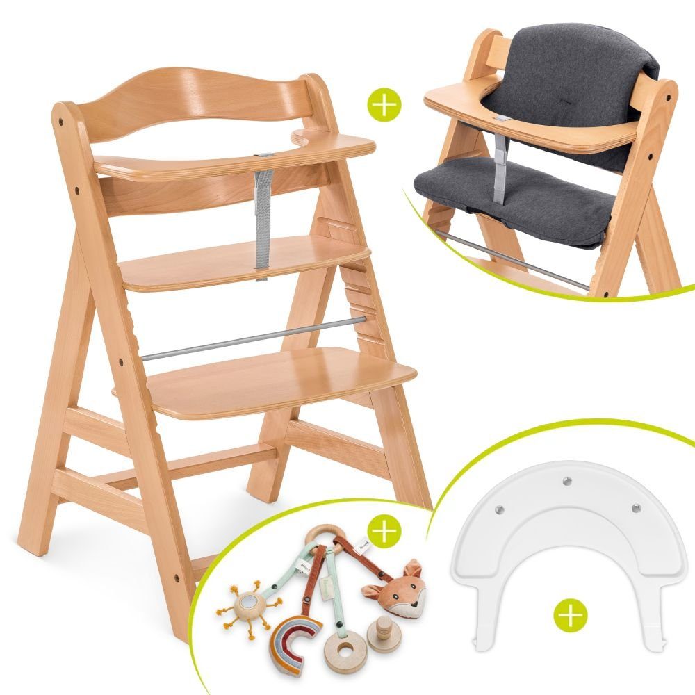 Hauck Hochstuhl Alpha Plus Natur, Holz Baby Kinderhochstuhl, Sitzauflage & Play Tray Basis - verstellbar