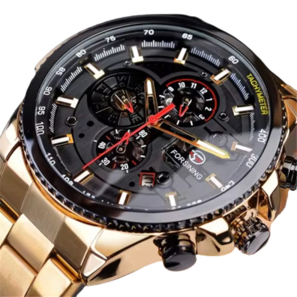 Rötting Design Automatikuhr Herrenuhr Armbanduhr Marke Forsining schwarzes Ziffernblatt, (1-tlg), Edelstahl, Datum + Wochentag und Monatanzeige