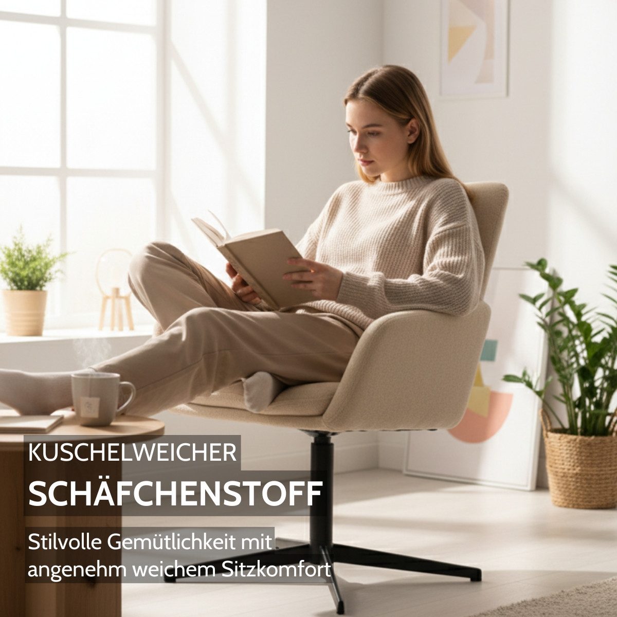 Liadomo Esszimmerstuhl Lorient, Armlehnstuhl, Stuhl, Stühle, Schäfchenstoff beige oder grau, Armlehnen, Sterngestell Metall, um 360° drehbar