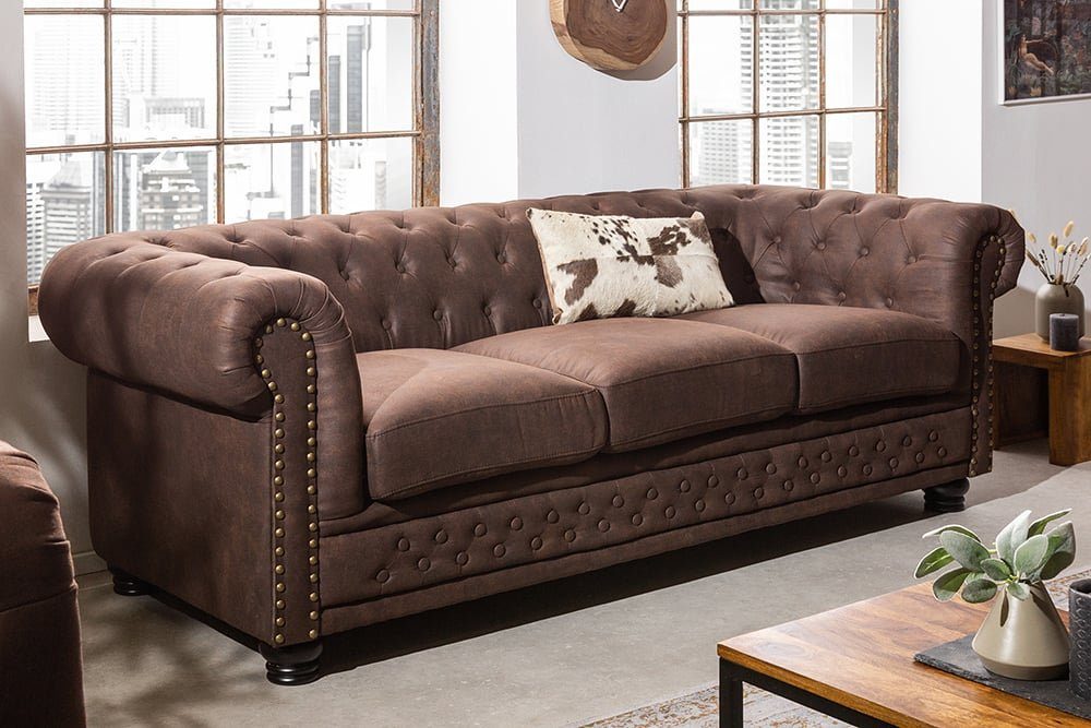riess-ambiente Sofa CHESTERFIELD · braun, Teile, · 1 Microfaser 3-Sitzer Wohnzimmer Couch vintage Federkern 200cm · · mit
