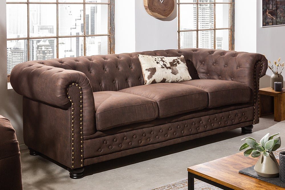 riess-ambiente Sofa Microfaser vintage 200cm · Wohnzimmer Teile, 3-Sitzer Couch braun, · CHESTERFIELD mit 1 · · Federkern