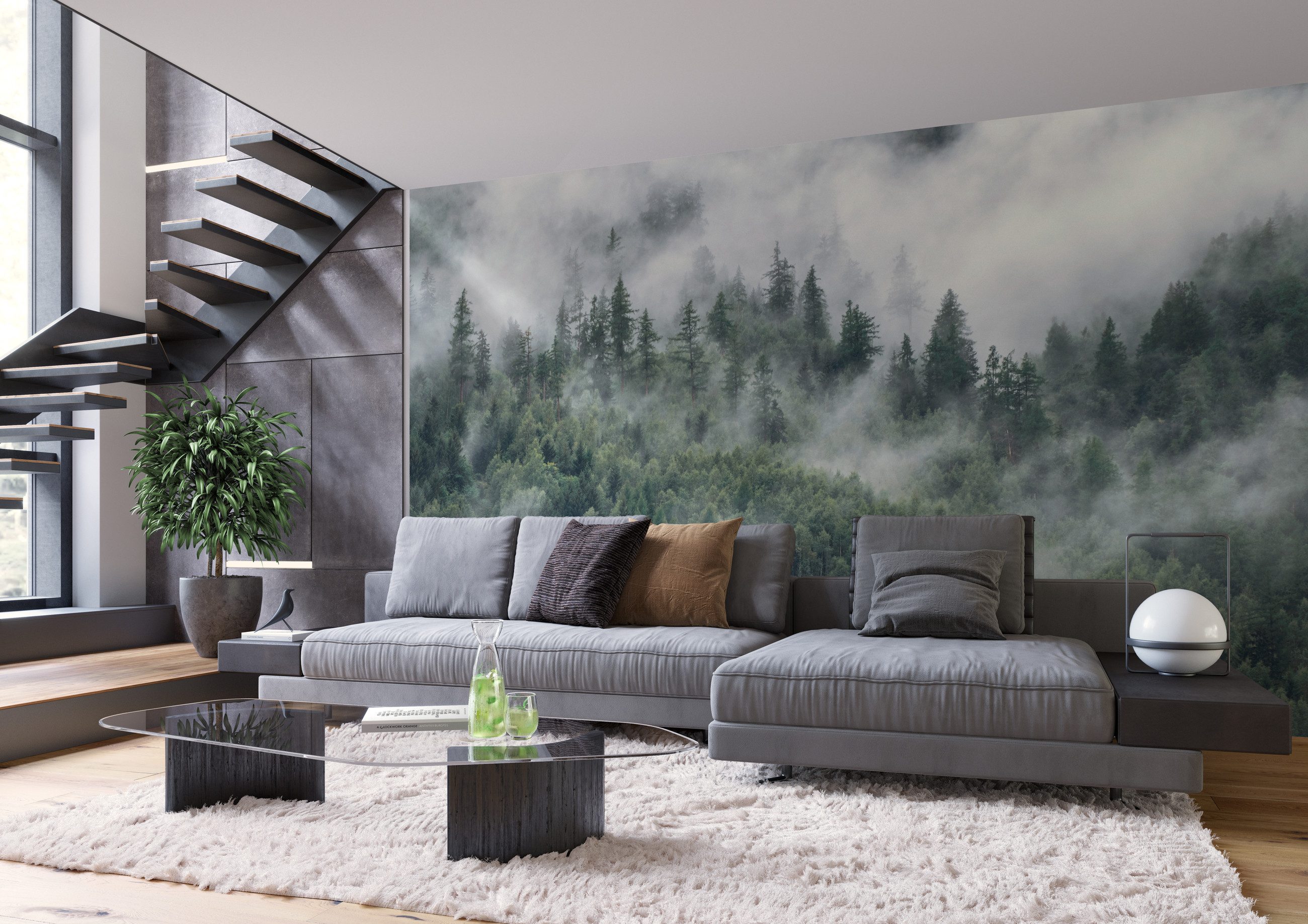 Rasch Fototapete Bäume, Wald, Berge & Wolken - Vliestapete Grün, bedruckt, (1 Rolle, 1 St., 2,65 m x 4,24 m), Lichtbeständige Farben - Feucht abwischbar - Restlost abziehbar