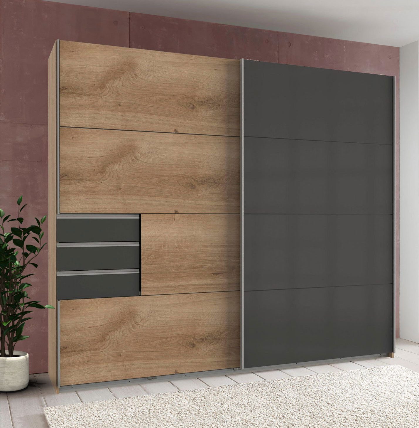 Wimex Schwebetürenschrank Saigon (mit Schwebetüren, Schubladen, Einlegeböden, Kleiderstangen, 1-St., moderne Optik, Glaselemente, Metallgriffleisten) 225cm plankeneiche graphit Grauglas