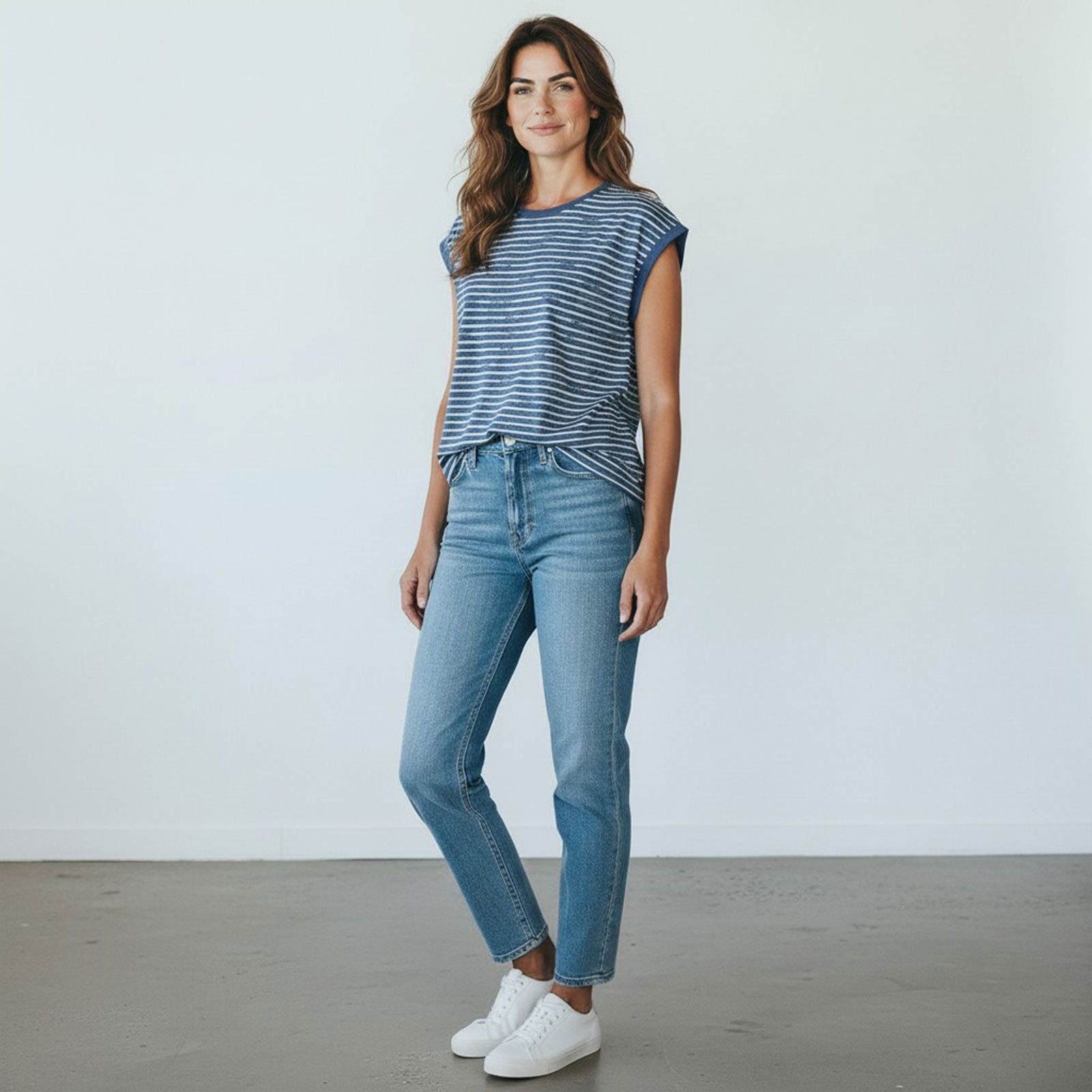 modAS Rundhalsshirt 46415 Damen Shirt ohne Ärmel mit MEERzeit-Streifen - Streifenshirt Rundhals