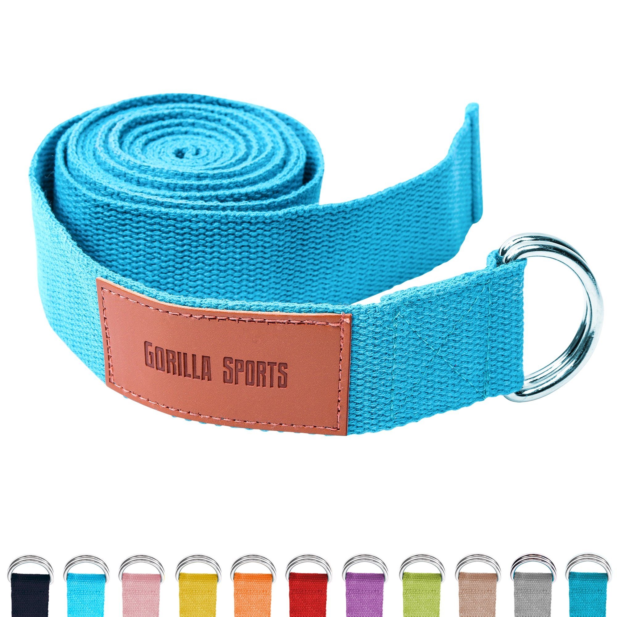 GORILLA SPORTS Yogagurt Yoga-Gürtel, 100% Baumwolle, mit Verschluss aus Metall, Yoga Strap Türkis