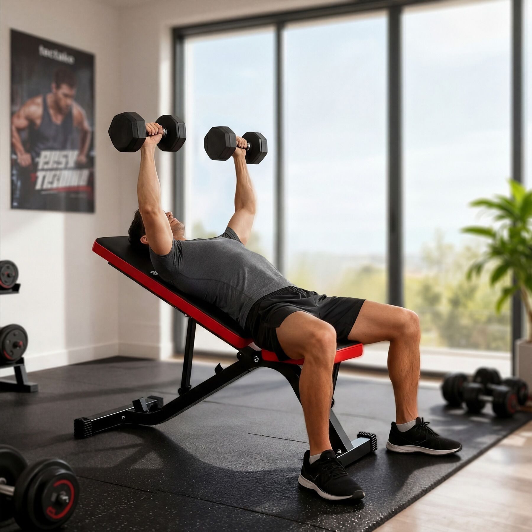 tectake Hantelbank Fitnessbank, rutschfest, 116 x 51 x 122 cm, mit Schnellverstellung, (Trainingsbank, in schwarz/rot), Rückenlehne 4-fach verstellbar, gepolstert mit Kunstlederbezug