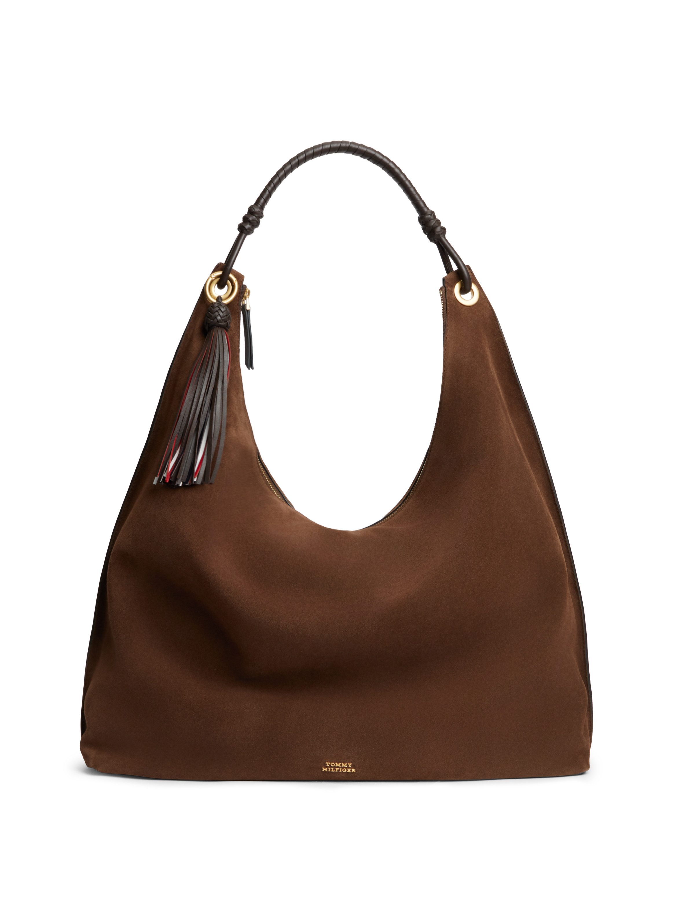 Tommy Hilfiger Hobo TH STATEMENT LEATHER HOBO SUEDE, Damen Shopper, Schultertasche, Handtasche, goldfarbenes Logo