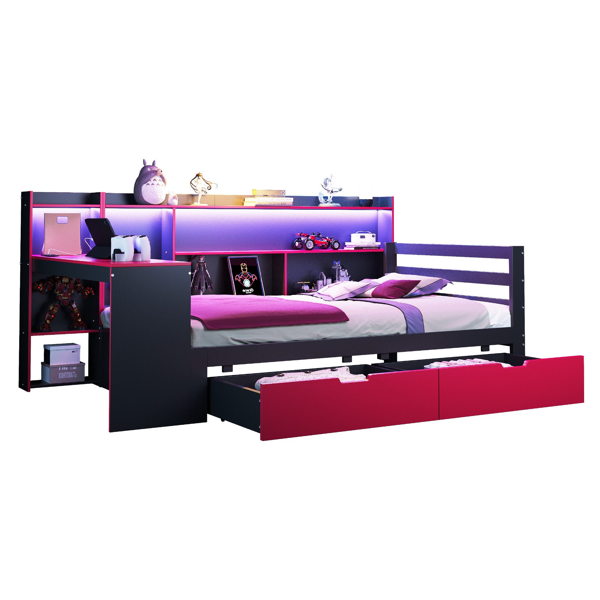 REDOM Schlafsofa Kinderbett Funktionsbett, mit Schreibtisch, LED-Beleuchtung und Stauraum 90x200 cm, ohne Matratze