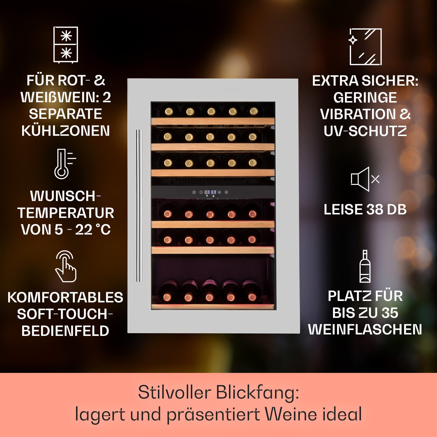 Klarstein Weinkühlschrank Vinsider 35 bottle D Weinkühlschrank, für 41 Standardflaschen á 0,75l,2 Zonen Wein Flaschenkühlschrank Weintemperierschrank Weinschrank