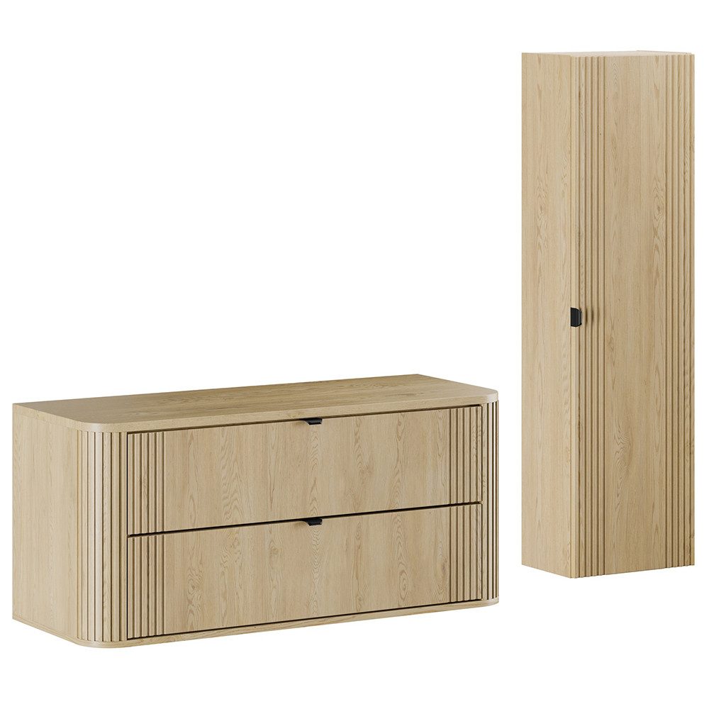 Lomadox Badmöbel-Set OLIVA-56, (Spar-Set, 2-St., Waschtischunterschrank Hochschrank), Eiche Dekor Rillen Metallgriffe Waschtischplatte Softclose
