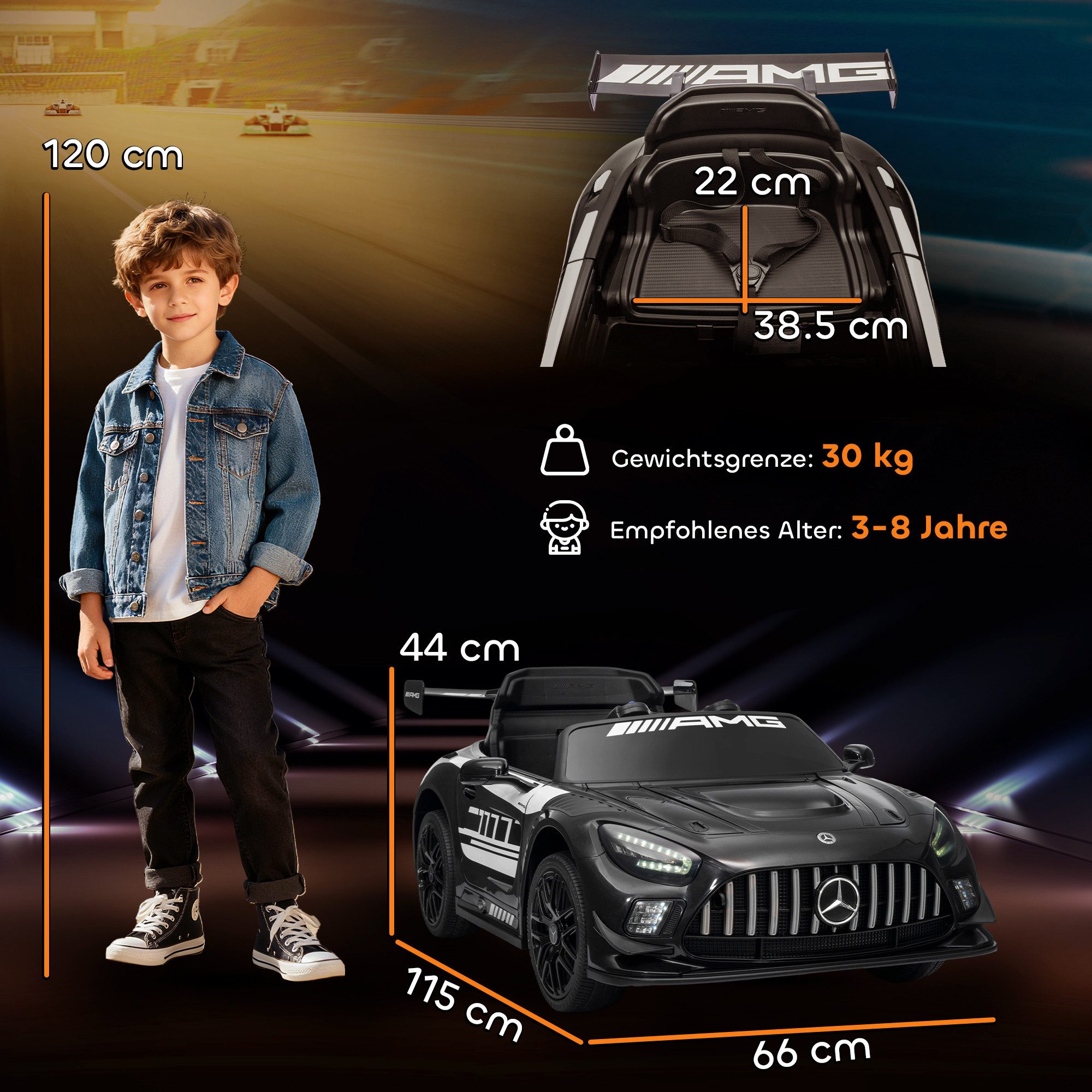 AIYAPLAY Elektro-Kinderauto Merceds-Benz AMG GTR Kinderauto mit 2,4G Fernbedienung, Hupe, Belastbarkeit 30 kg, (1-tlg), für 3-8 Jahre Kinder, Schwarz