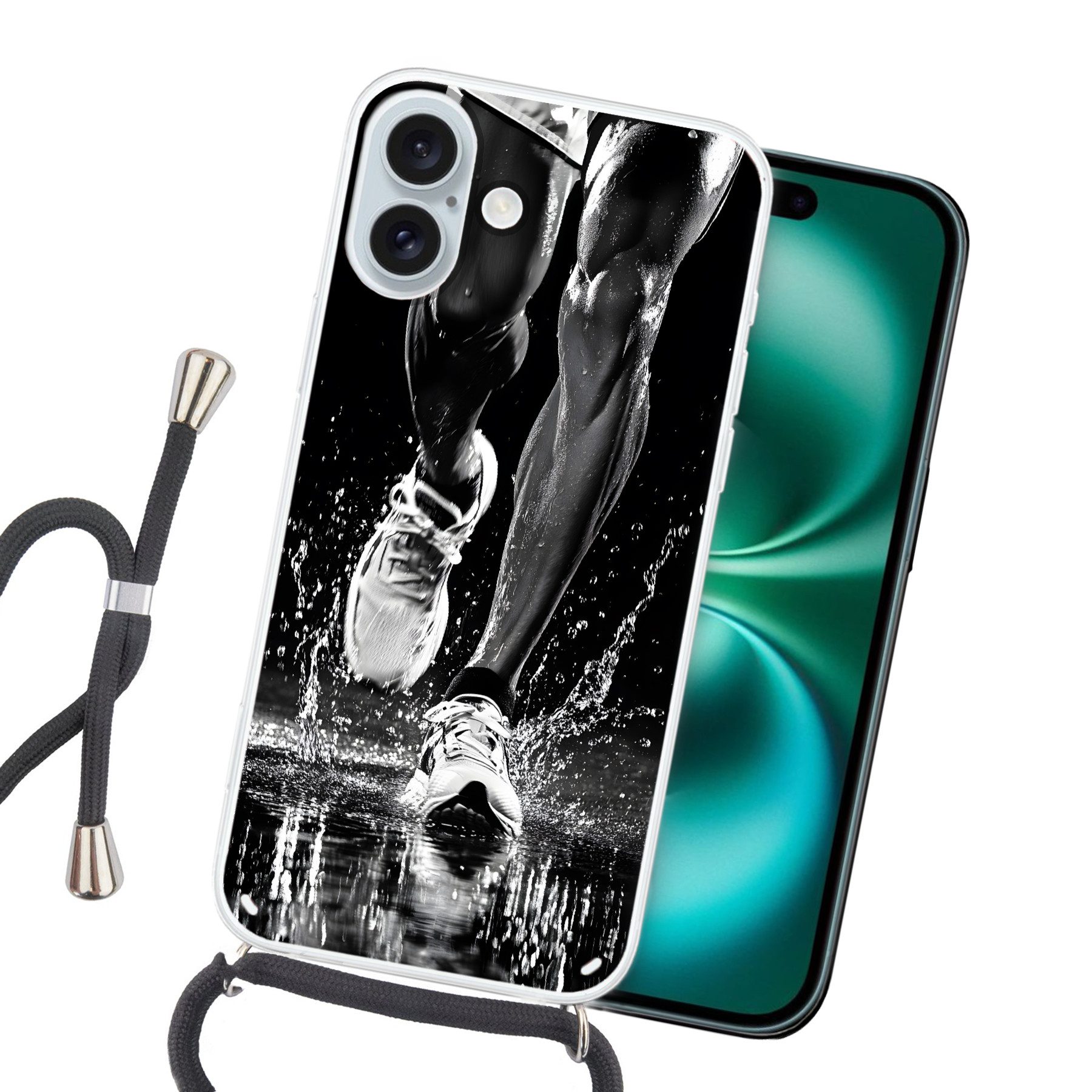 MuchoWow Handyhülle für Apple iPhone 16 Plus Laufschuhe - Laufen - Drops - Schwarz, Tragbare Handyhüllen mit Kette zum umhängen, Handykette Handyband
