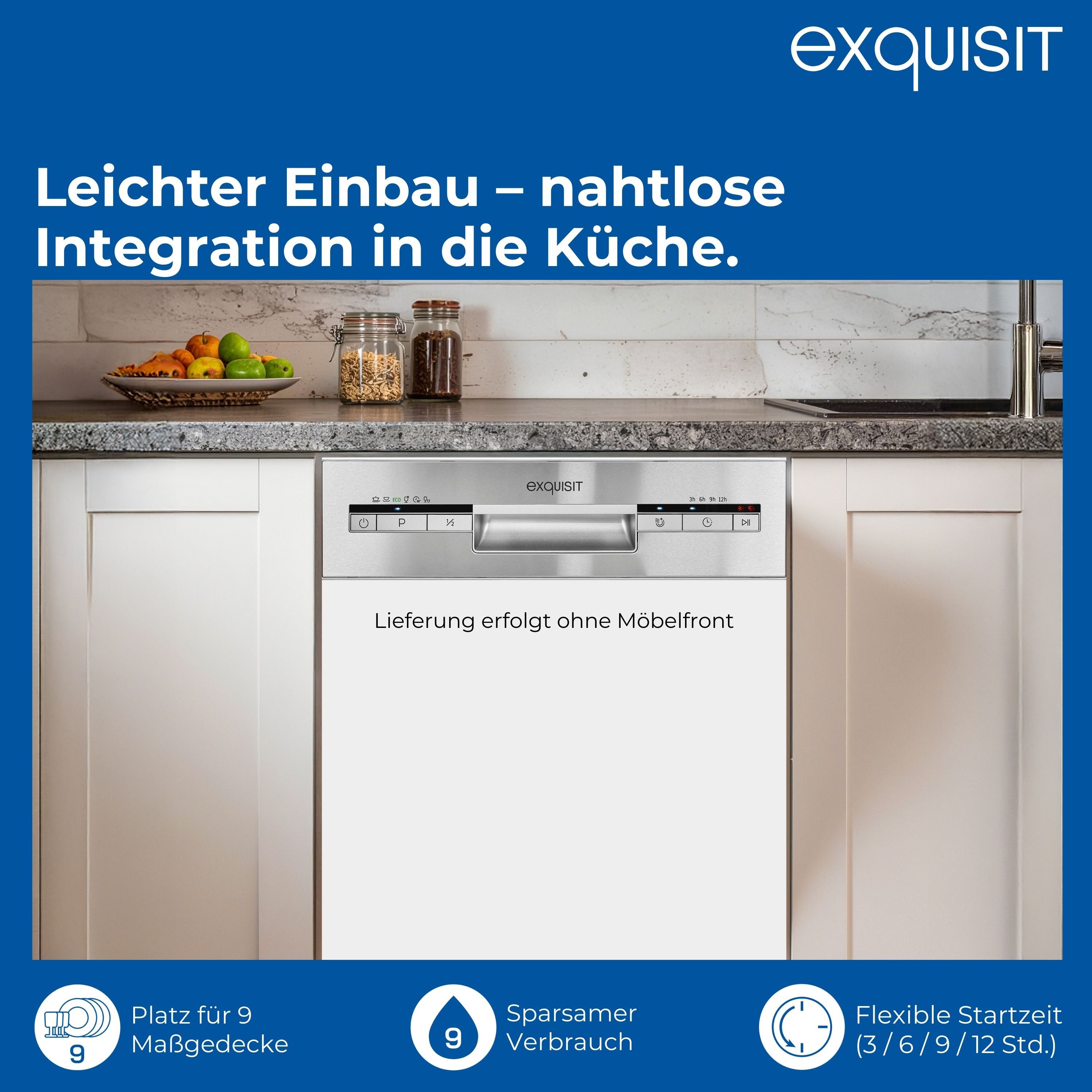 exquisit teilintegrierbarer Geschirrspüler START EGSP51009-EB-030E, 9 Maßgedecke, 45cm breit, 9 Liter, Startzeitvorwahl, einfache Bedienung