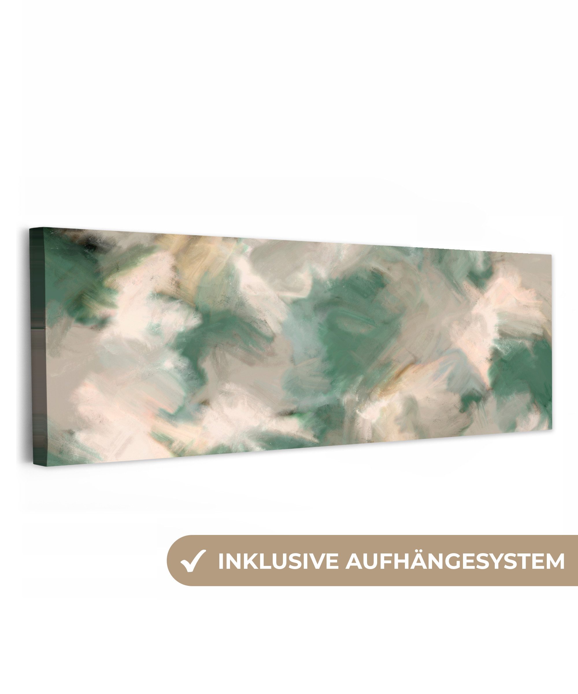 OneMillionCanvasses® Leinwandbild Panorama Kunst - Farbe - Grün - Beige - Abstrakt, Fotodruck (1 St), Wandbild, Deko Schlafzimmer Wohnzimmer Flur 60x20 cm
