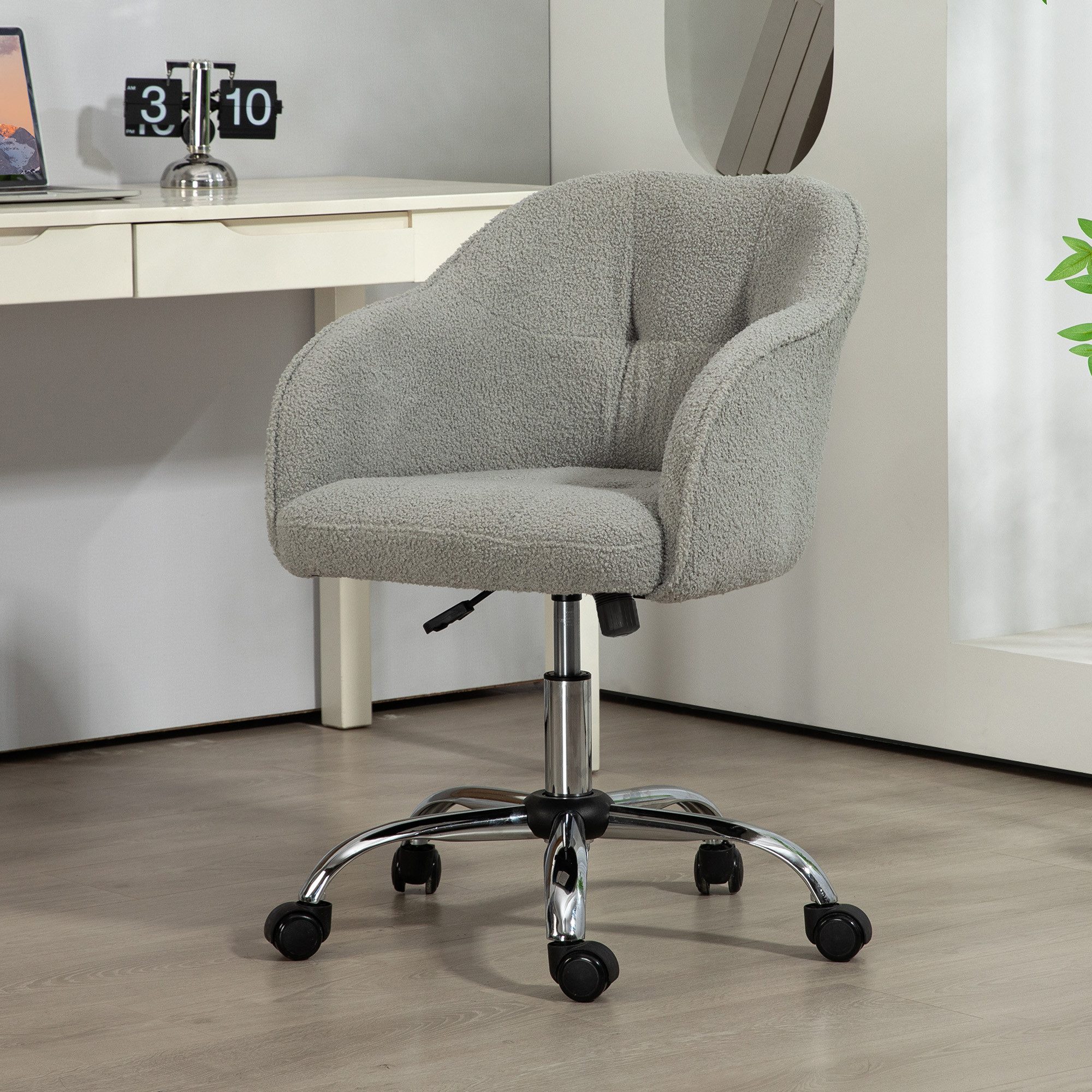 HOMCOM Bürostuhl Schreibtischstuhl mit Teddysamtoptik höhenverstellbar Drehstuhl (ergonomisch Homeoffice Stuhl, 1 St), für Schlafzimmer, Arbeitszimmer, Grau