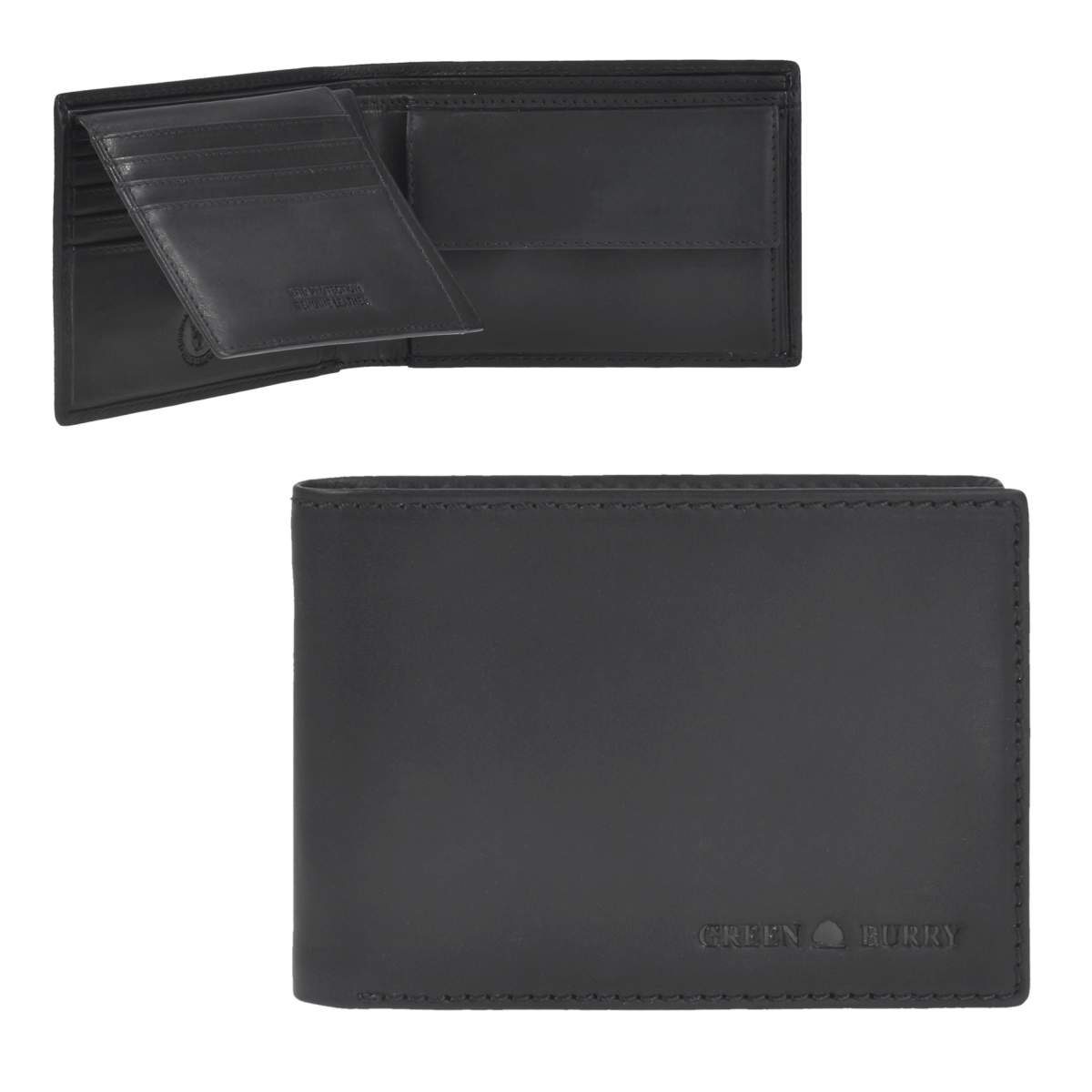 Greenburry Geldbörse Pure Black, Herren 8 Querformat, Portemonnaie im RFID Kartenfächer, Schutz