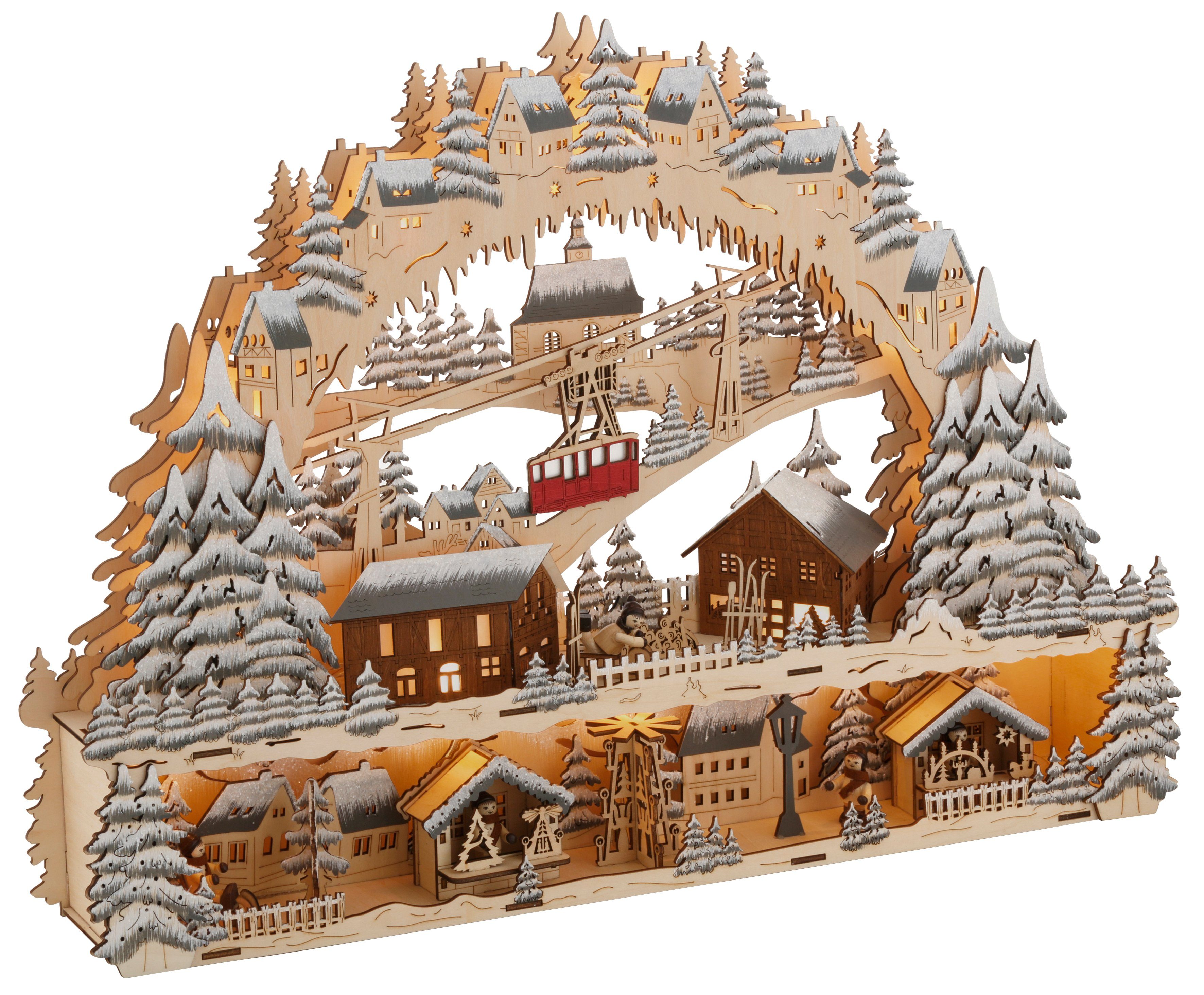 my home Schwibbogen Podest und Seilbahn, Skihütte und Weihnachsmarkt, Weihnachtsdeko, Breite ca. 64 cm