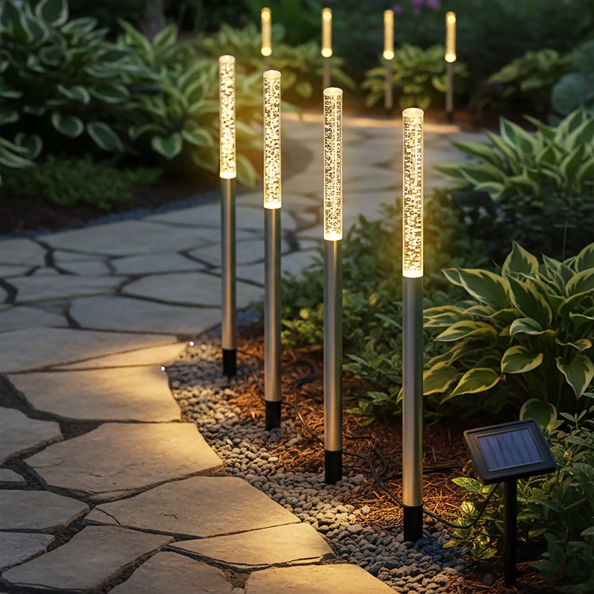 Spetebo LED Gartenleuchte LED Solar Gartenstecker 43 cm im Sprudelsäule Design - 4er Set, Design: Luftblasen, LED fest integriert, warm weiß, Akku ist austauschbar