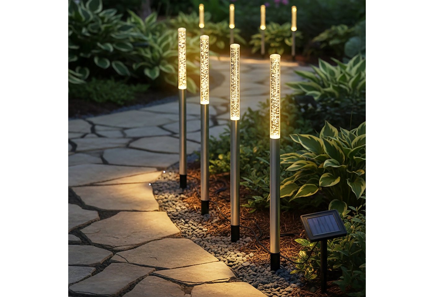 Spetebo LED Gartenleuchte LED Solar Gartenstecker 43 cm im Sprudelsäule Design - 4er Set, Design: Luftblasen, LED fest integriert, warm weiß, Akku ist austauschbar