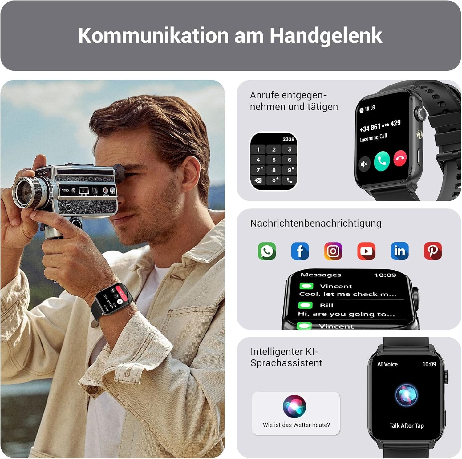 IOWODO Smartwatch Damen Herren 1,91" HD Touch, mit LED Lampe& Bluetooth Anruf Smartwatch, mit Wechselband aus weichem Silikon und Ladekabel, 5 Tage Akku,350 mAh,SpO₂/HR/Schlaf,App-Fitnesskurse,Schrittzähler,IP68