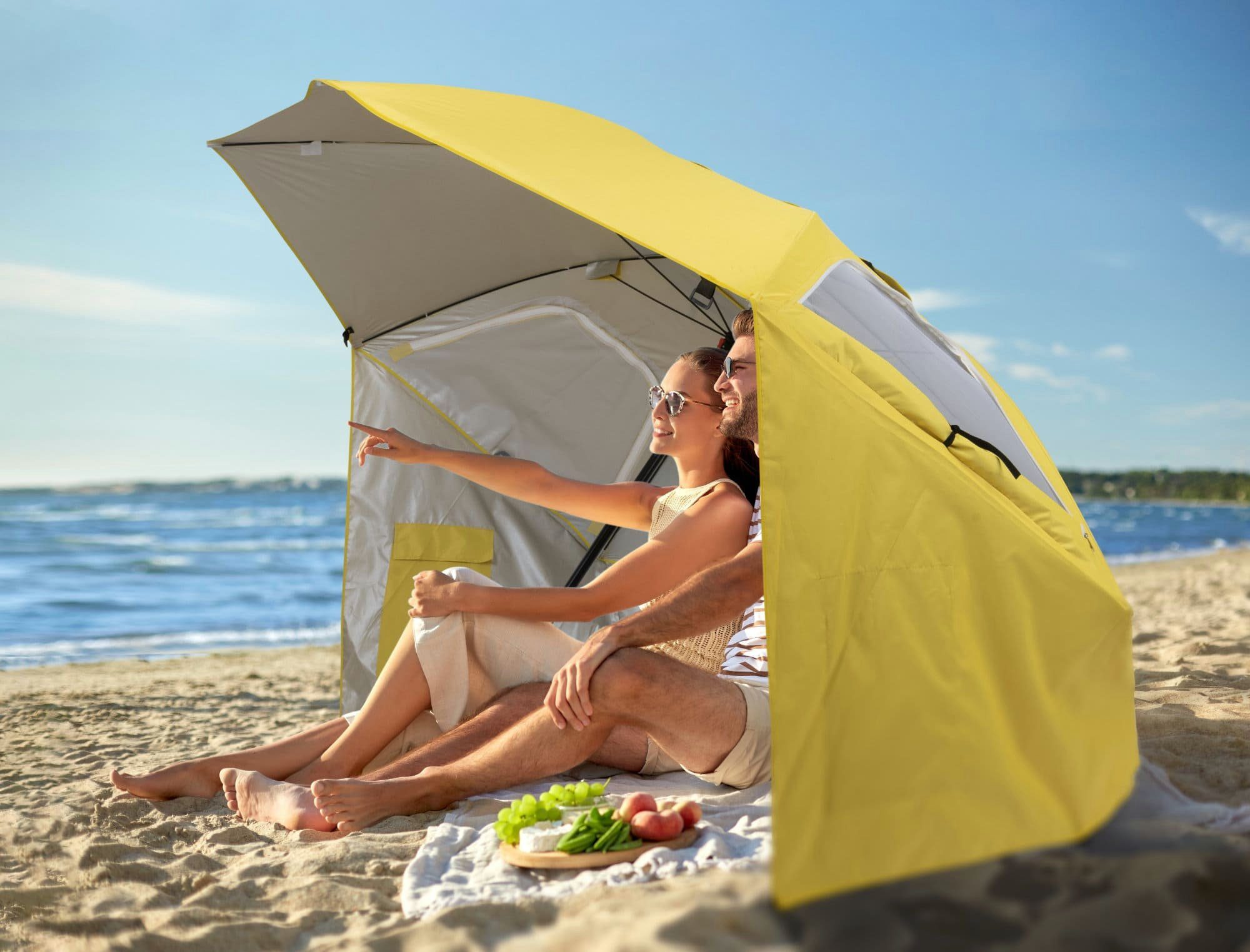 Stagecaptain Sonnenschirm mit Ständer komplett - Sonnenschutz  UV-Schutzschicht, LxB: 150x210 cm, Strandschirm mit Erdspieß -  Höhenverstellbar, Neigbar