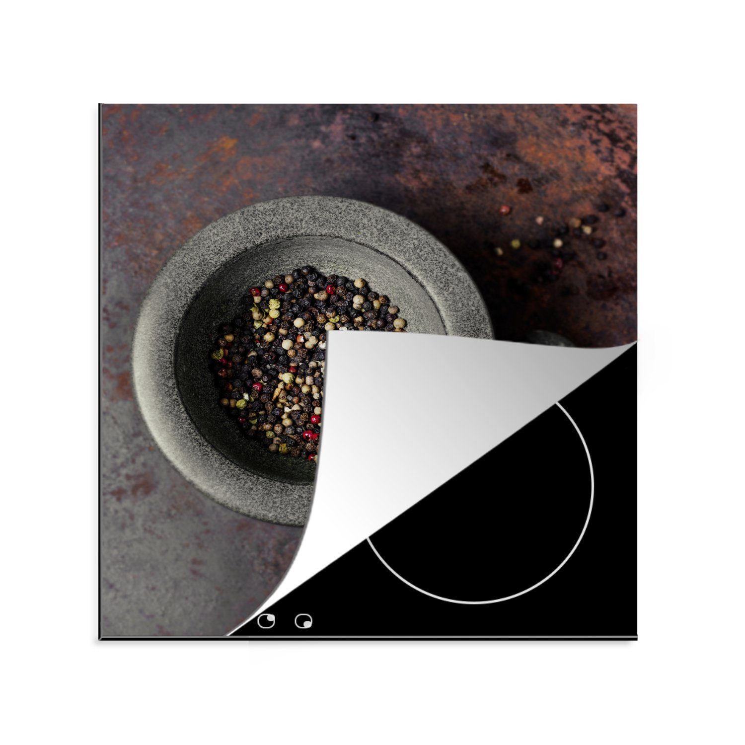 MuchoWow Herdblende-/Abdeckplatte Ein Mörser mit Pfefferkörnern auf rostigem Hintergrund, Vinyl, (1 tlg), 78x78 cm, Ceranfeldabdeckung, Arbeitsplatte für küche