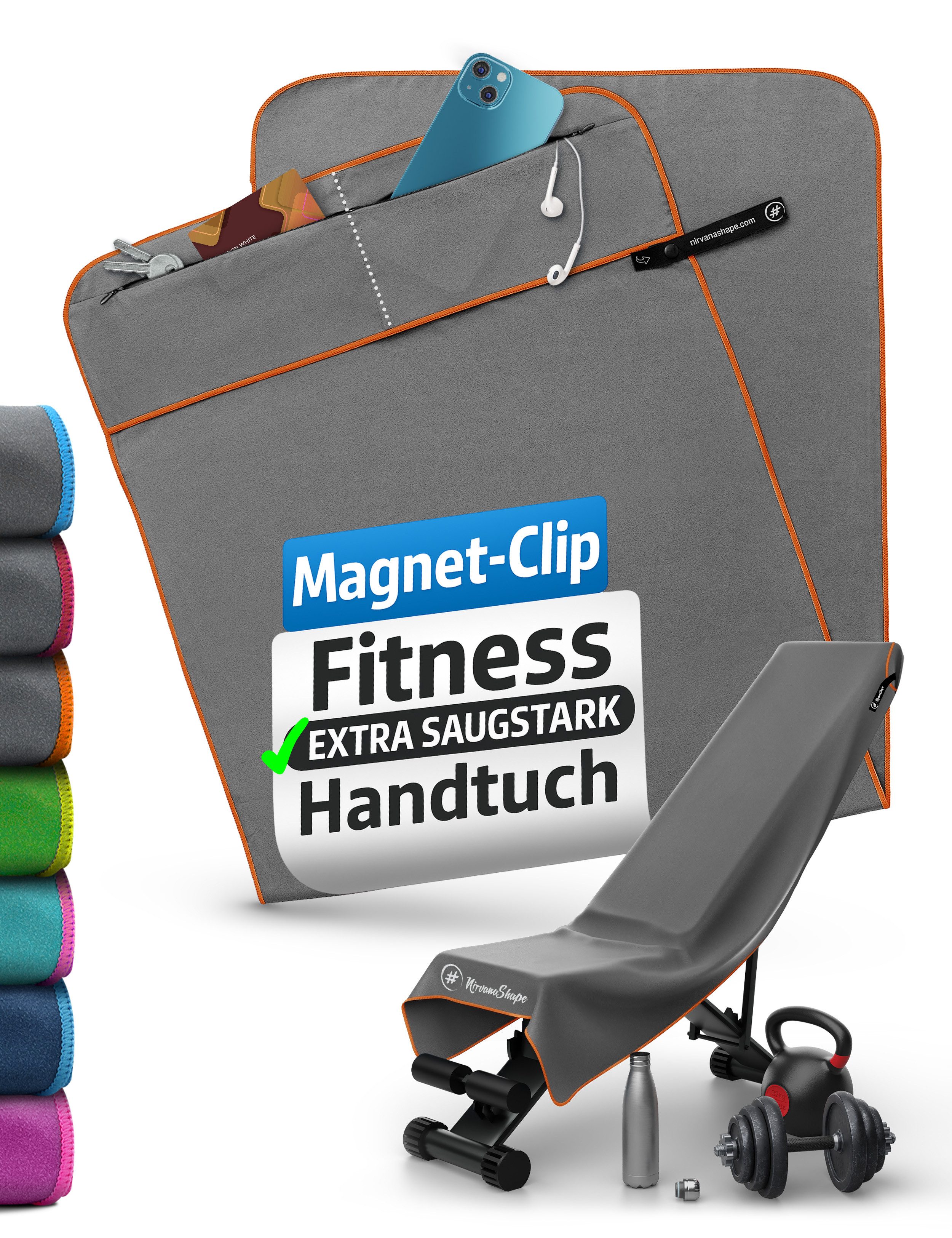 NirvanaShape Sporthandtuch Fitness-Handtuch mit Magnet-Clip, Mikrofaser Sporthandtuch, Microfaser, 2x Reißverschlusstaschen & Funktionaler Geräteüberzug, Ultra-Saugfähig
