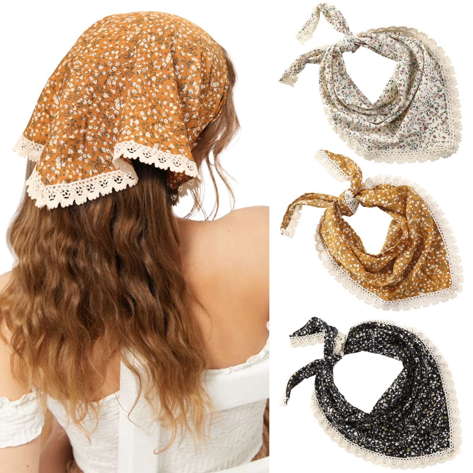 nsihing Kopftuch Boho-Dreieckskopftuch, Vintage-Blumen-Kopftuch, (3-St), bedrucktes Haarband, geeignet für Alltag, Urlaub und Musikfestivals
