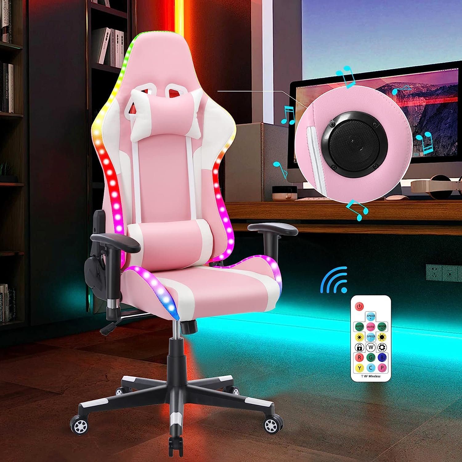 HomeMiYN Gaming Chair Gaming Stuhl Lautsprechern LED-Leuchten ergonomischer Bürostuhl Hoher Rosa