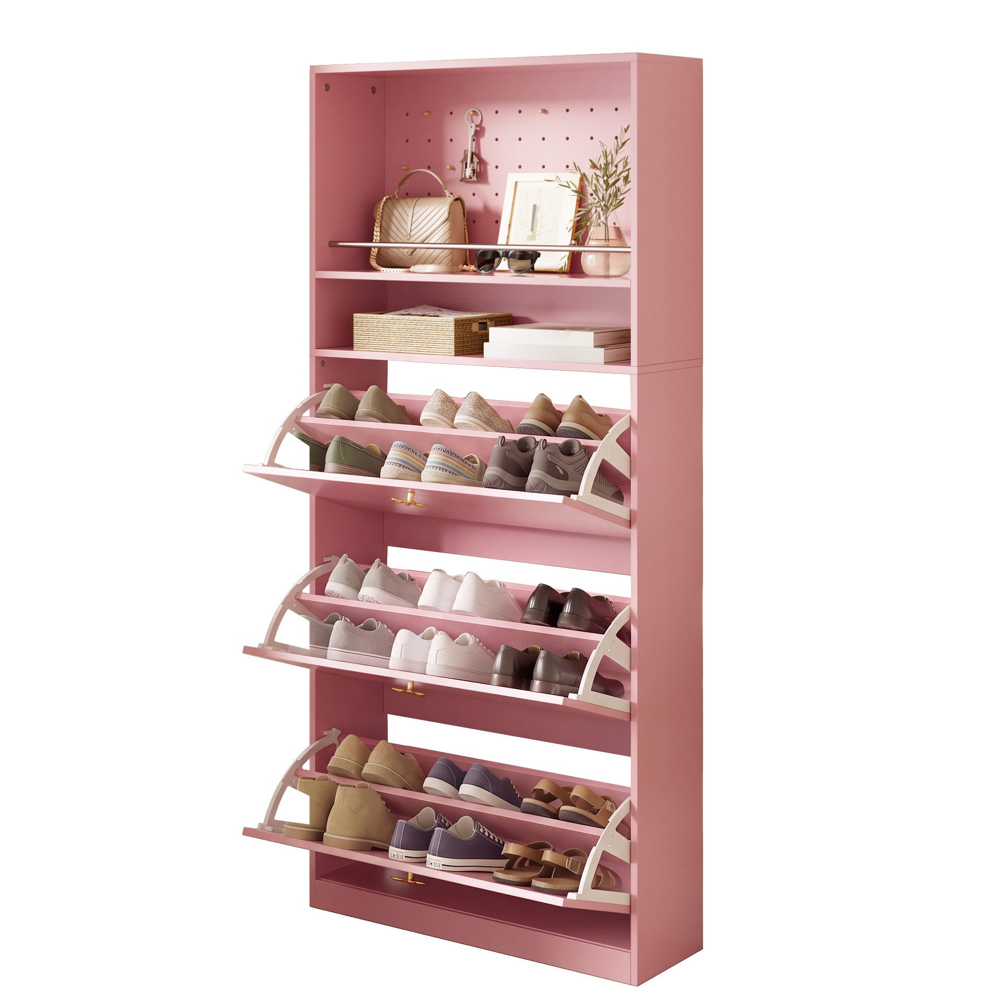 Refined Living Schuhschrank Schuhschrank schmal mit 3 Klappfächern,Schuhregal,Garderoben-Set (Maße: 80 × 24 × 178,5 cm, Schuhkipper mit 2 offenen Ablagen und Lochwand, Schuhregal für Flur, Schuhkommode mit Stauraum, Schuhaufbewahrung, Flurschrank, Garderobe Flur,Schuhorganizer, für Schuhe, Taschen & Schlüssel, 1-St., Großer Stauraum, Platzsparendes Design,Praktische Lochwand) für Flur, Diele, Wohnung, Eingangsbereich,Wohnzimmer,kleine Räume